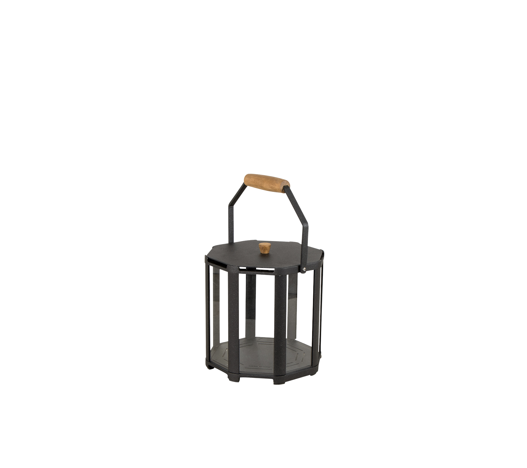 Stijlvolle lantaarn met een zwart metalen frame en een houten handvat, ontworpen om een kaars of lichtbron vast te houden.