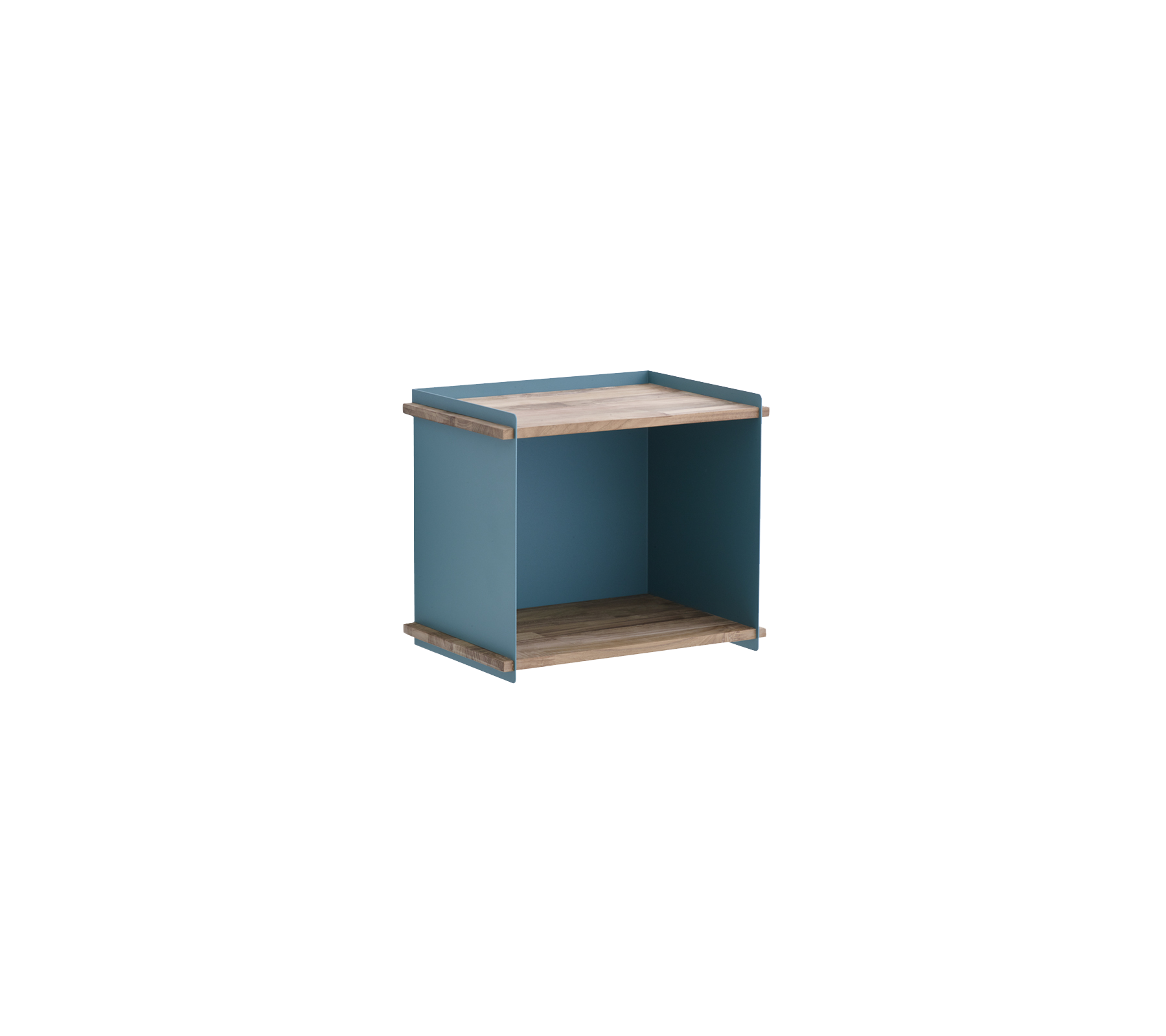 Compact, modern storage unit featuring a natural wood top and blue sides, ideal for organizing small items or as a decorative display.