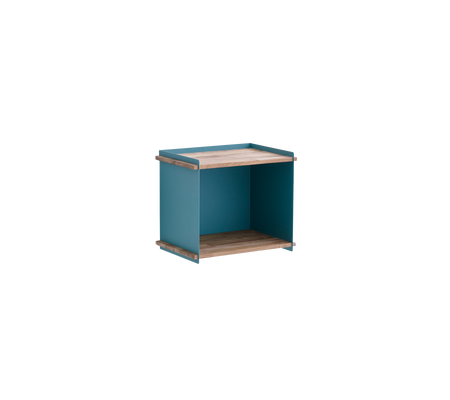 Compacte, moderne opbergeleenheid met een natuurlijke houten top en blauwe zijkanten, ideaal voor het organiseren van kleine items of als decoratieve display.
