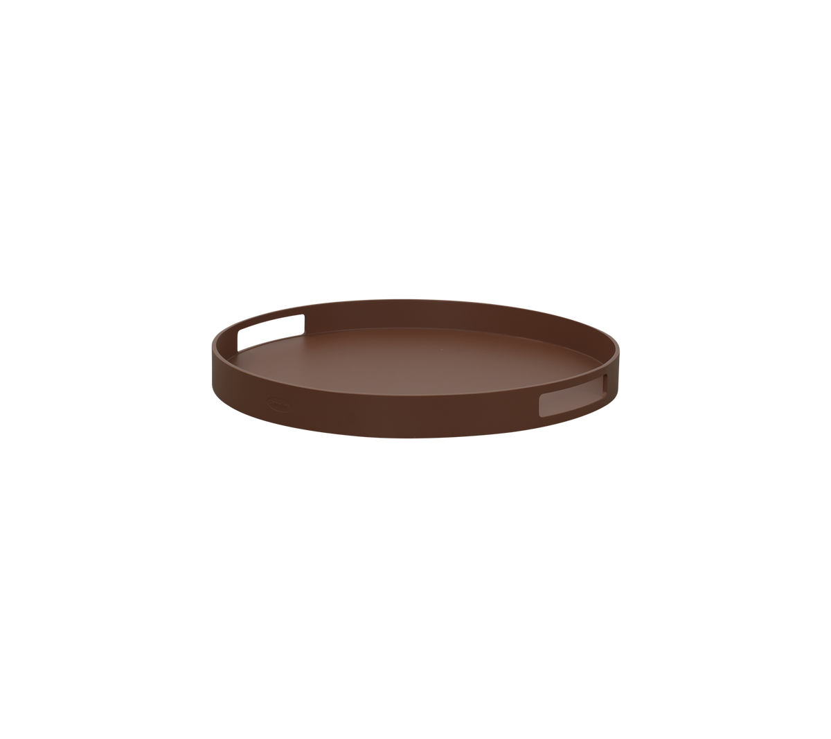Ronde bruine dienblad met een glad oppervlak en een kleine inkeping voor gemakkelijke hantering. Ideaal voor het serveren of organiseren van items.