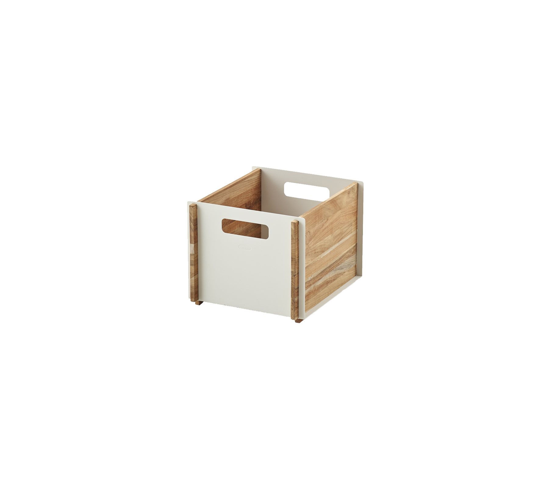 Wooden crate with a light-colored front panel and natural wood sides, featuring cut-out handles for easy carrying.