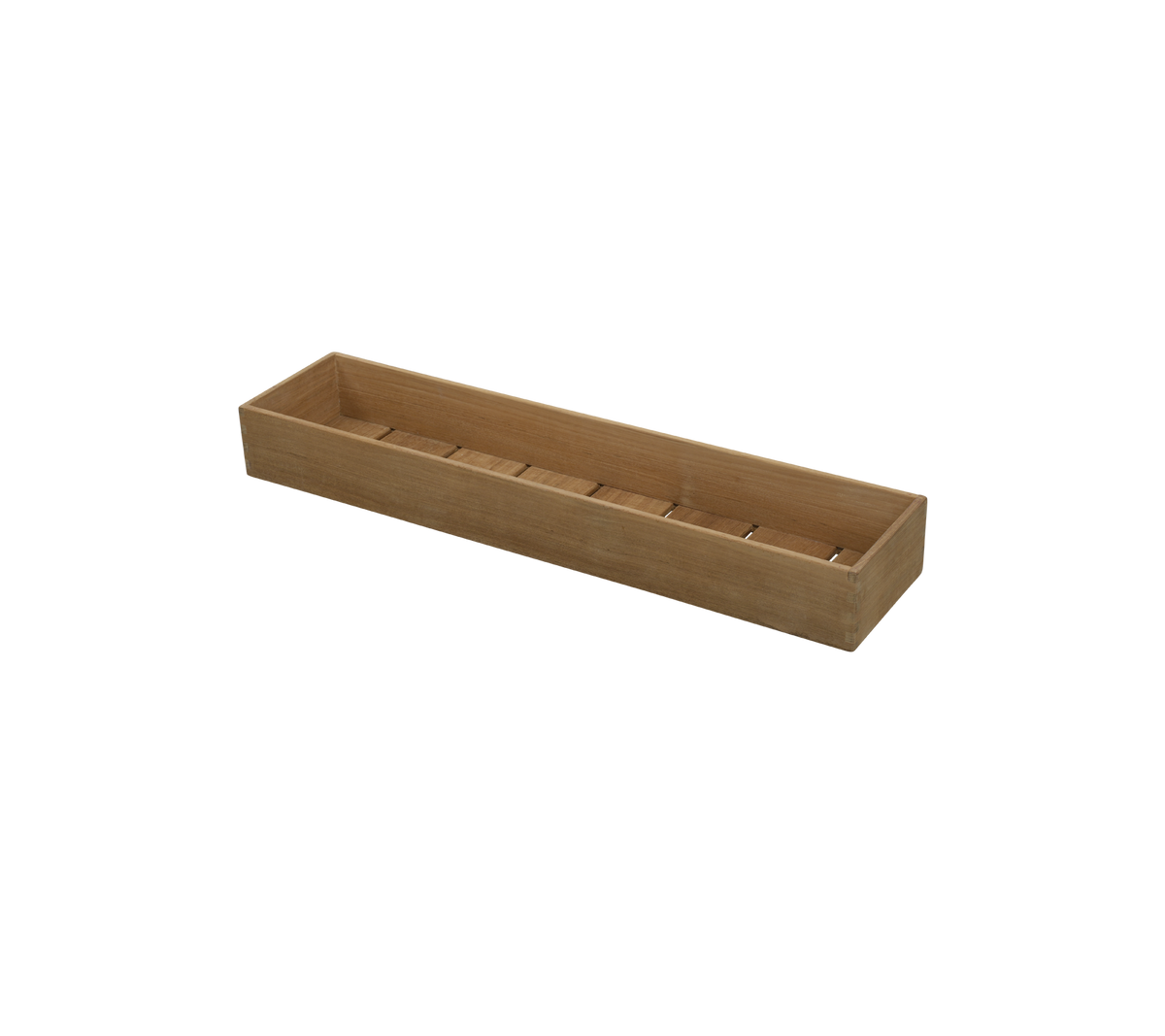 Houten opbergbak met meerdere vakken voor het organiseren van spullen, met een lang en rechthoekig ontwerp.