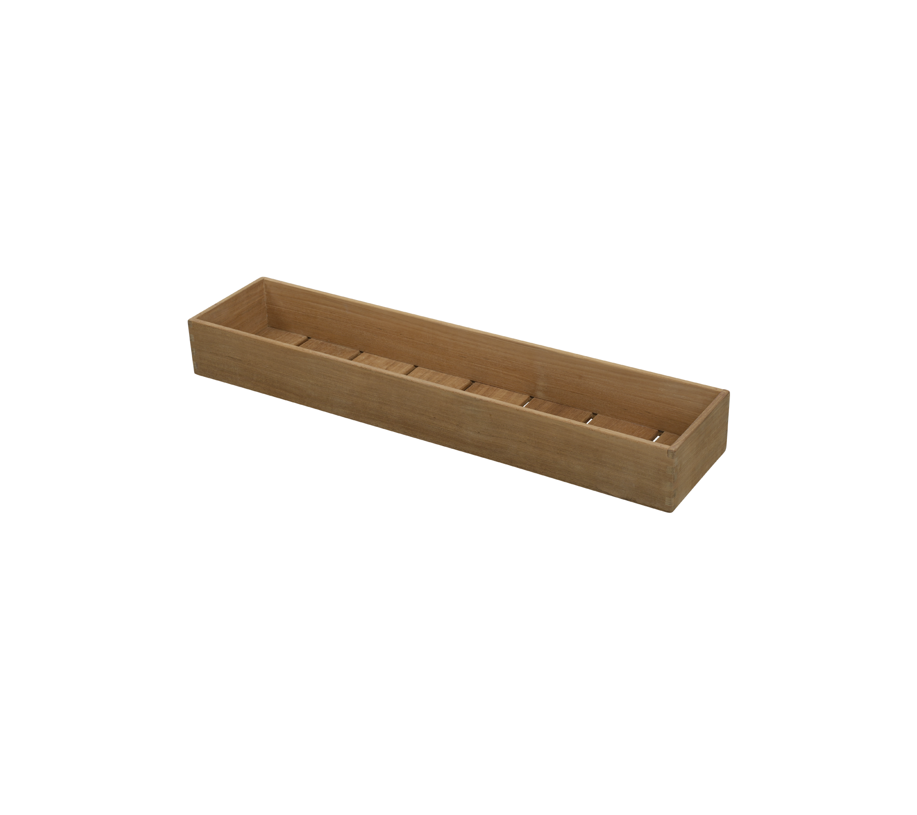 Houten opbergbak met meerdere vakken voor het organiseren van spullen, met een lang en rechthoekig ontwerp.