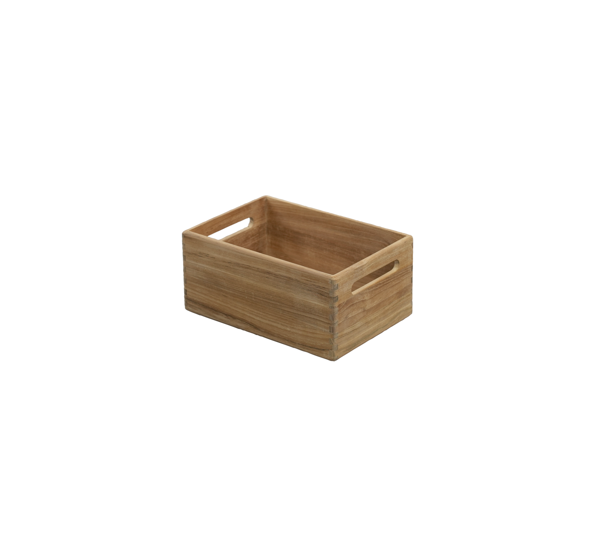 Teakhouten kist met uitsparingen voor handvatten.