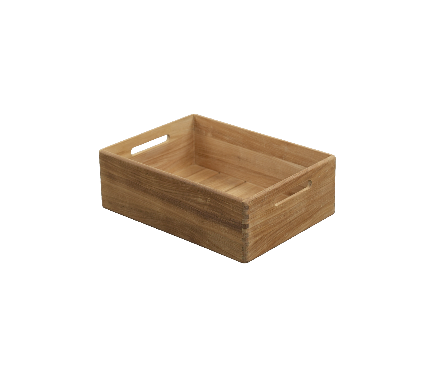Teakhouten dienblad met ingebouwde handvatten, met een eenvoudig en functioneel ontwerp.
