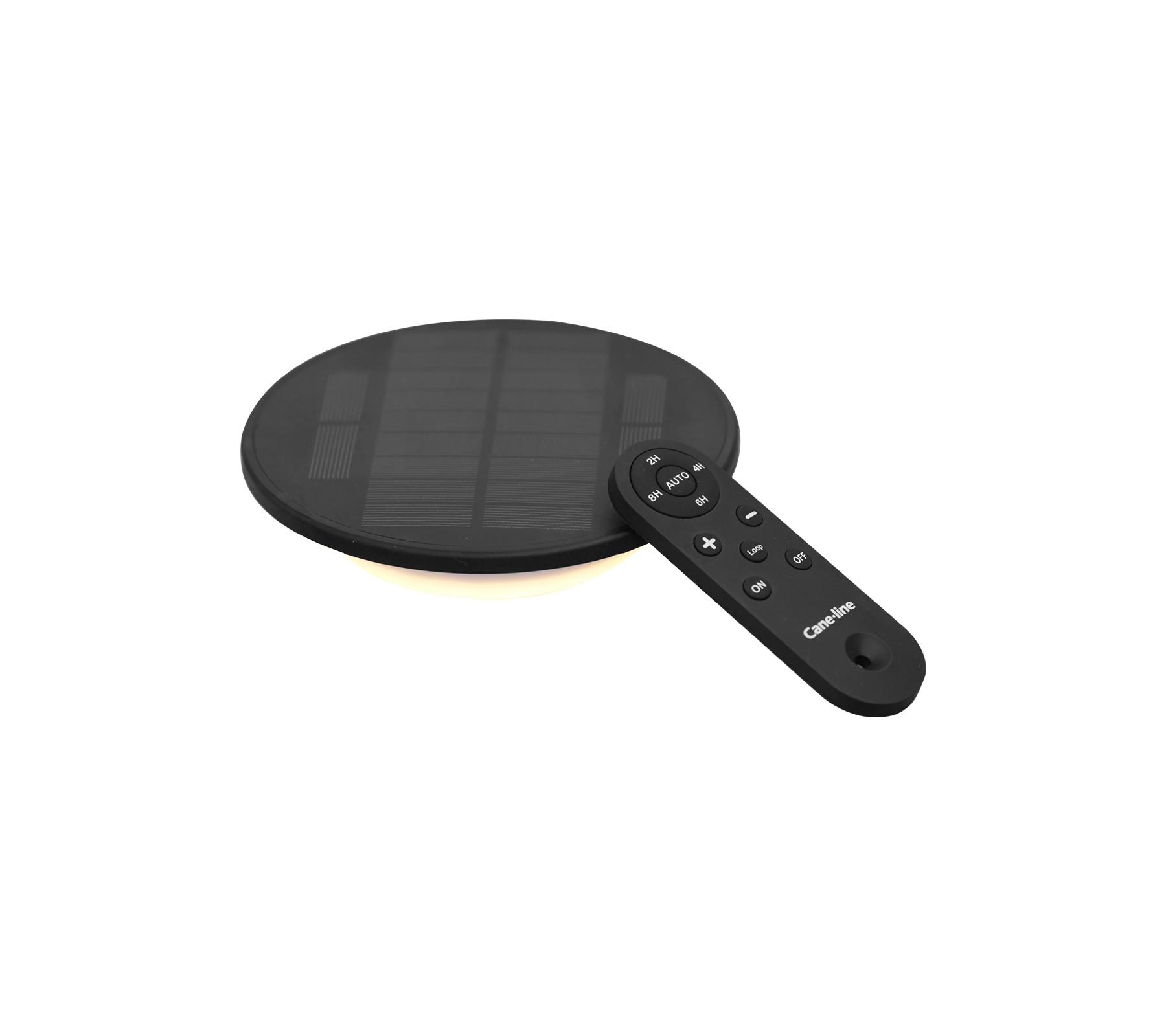Zwart zonne-energie LED-lamp met een ronde vorm en een afstandsbediening voor instelbare instellingen.