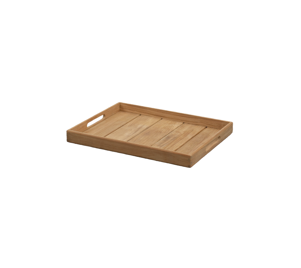 Teak dienblad met uitgesneden handvatten en een eenvoudig design.