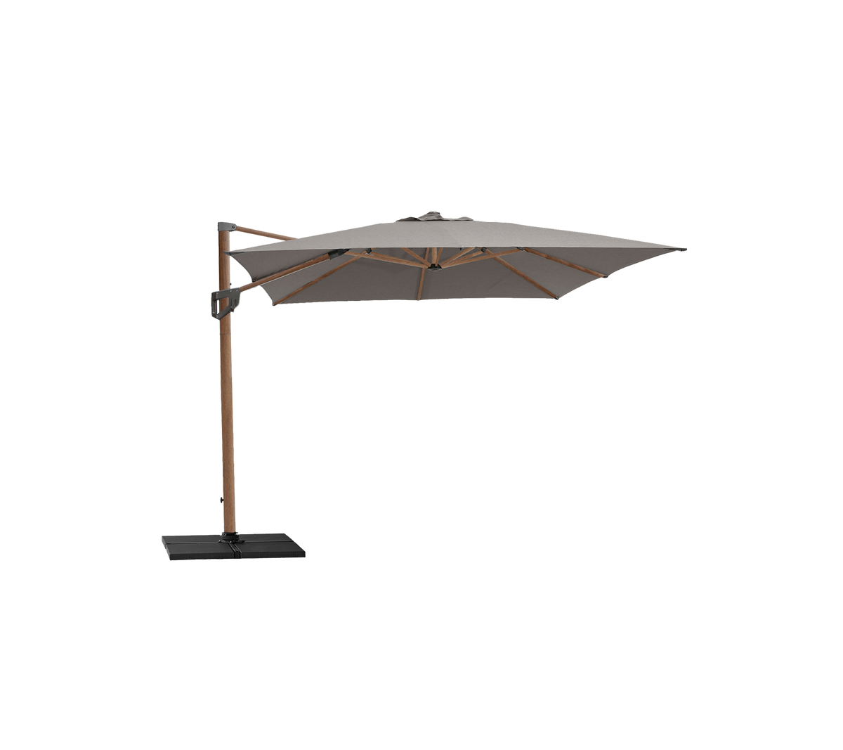 Stijlvolle parasol met een beige top en houten frame, ondersteund door een stevige zwarte basis, perfect voor het creëren van schaduw en het verfraaien van buitenruimtes.