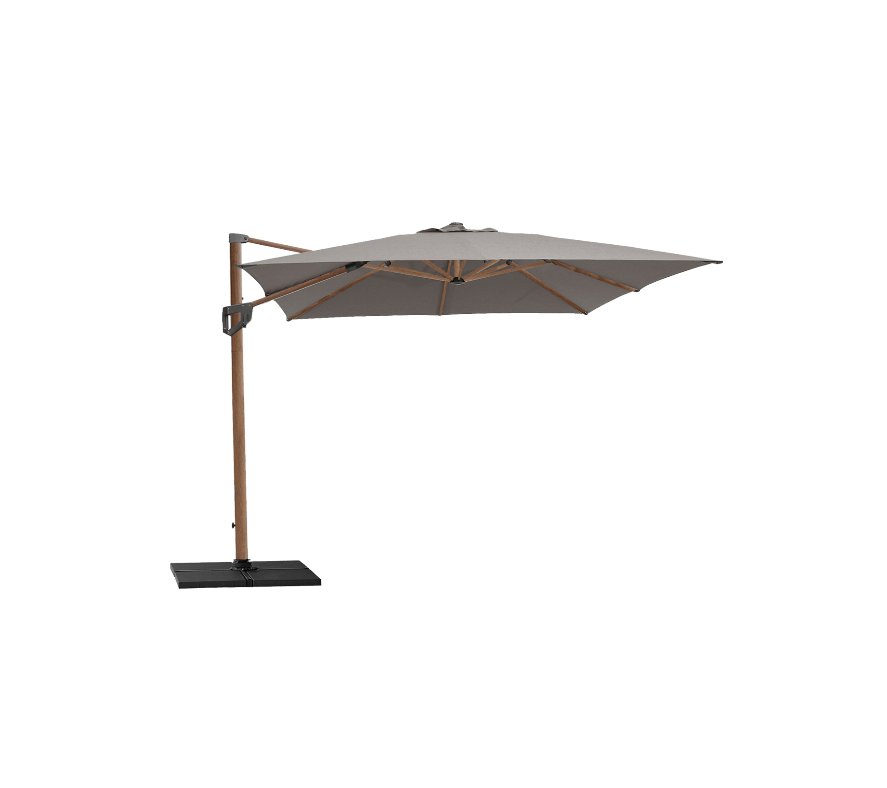Stijlvolle parasol met een beige top en houten frame, ondersteund door een stevige zwarte basis, perfect voor het creëren van schaduw en het verfraaien van buitenruimtes.