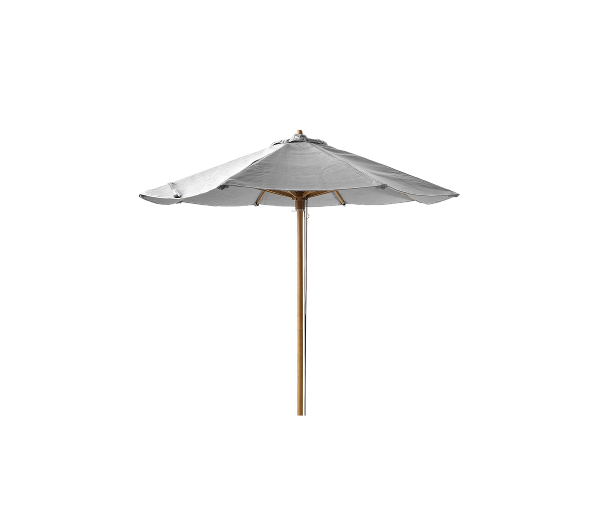 Een stijlvolle, witte parasol met een houten steel, ontworpen om schaduw te bieden en buitenruimtes te verbeteren.