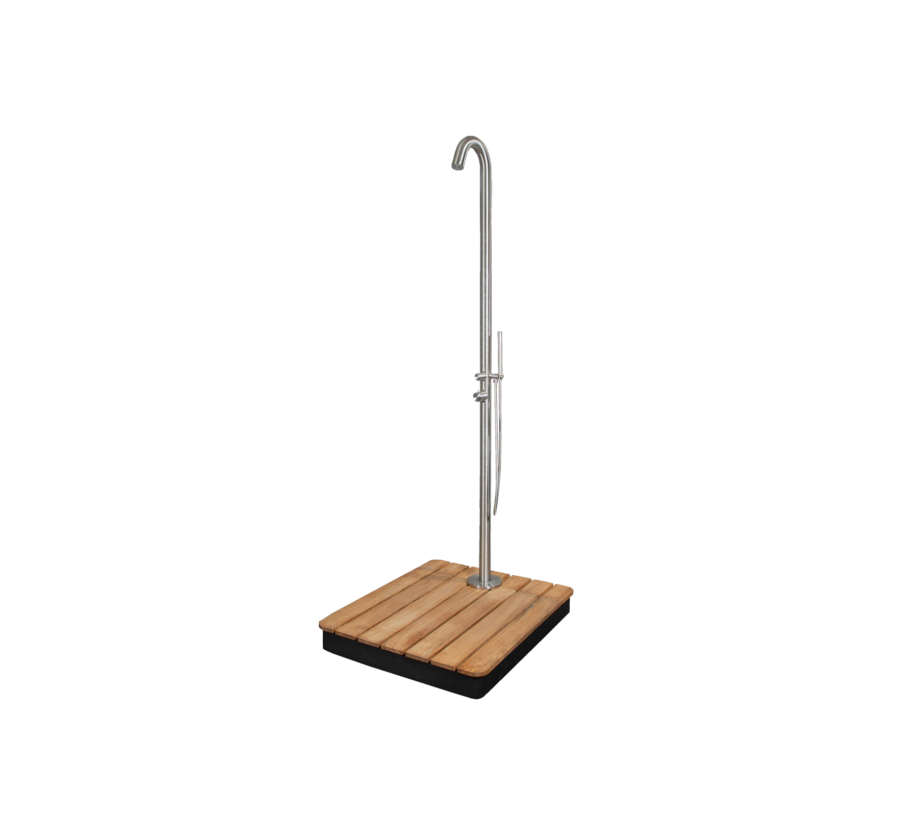 Stijlvolle buitendouche met een slank ontwerp, voorzien van een stevige basis en een hoge, gebogen douchekop voor een elegante uitstraling.