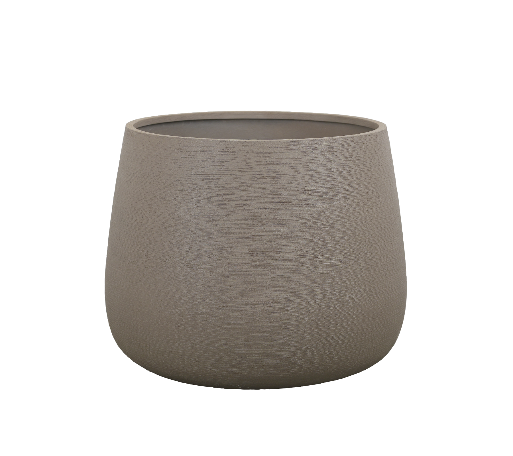 Ronde taupe plantenpot met een gladde afwerking.