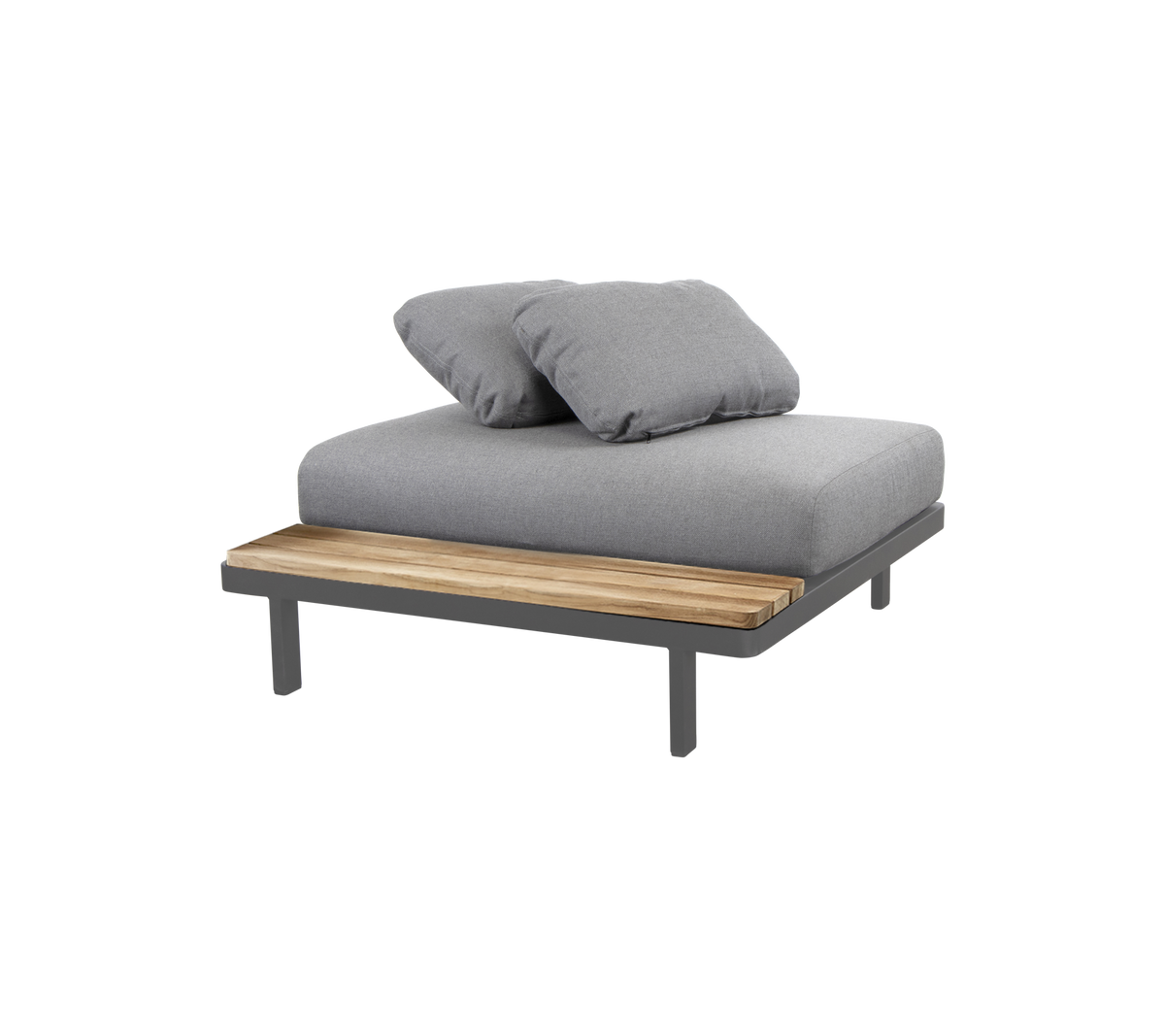 Stijlvolle loungezitplaatsen met een gevoerde grijze oppervlakte en een houten accent, perfect voor ontspanning en comfort.
