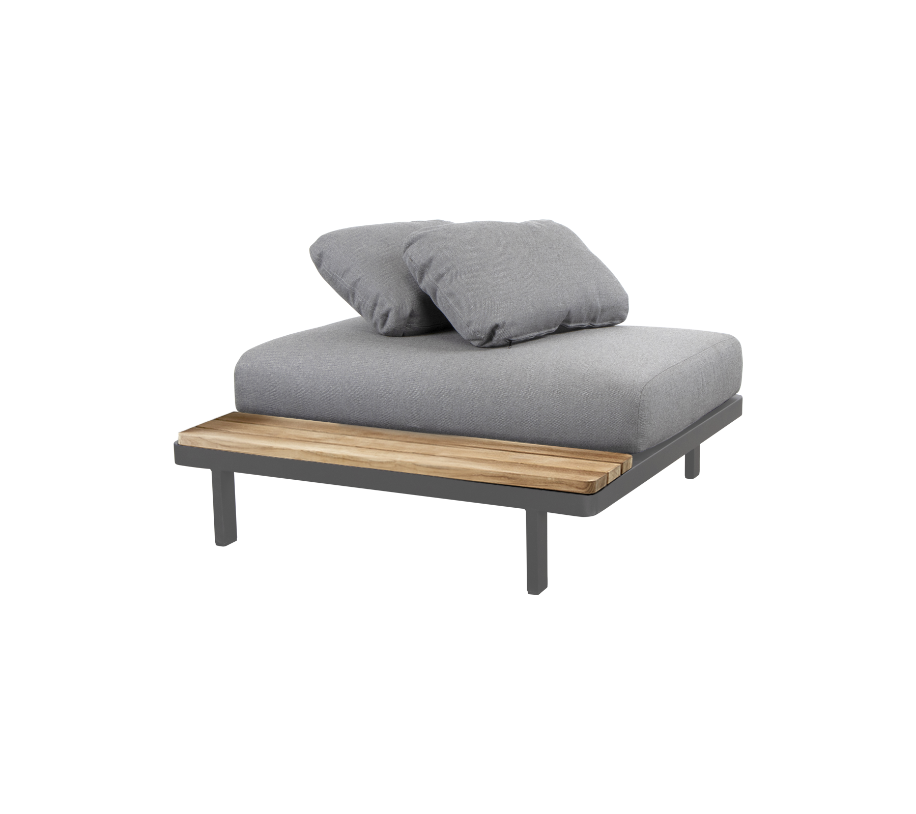 Stijlvolle loungezitplaatsen met een gevoerde grijze oppervlakte en een houten accent, perfect voor ontspanning en comfort.