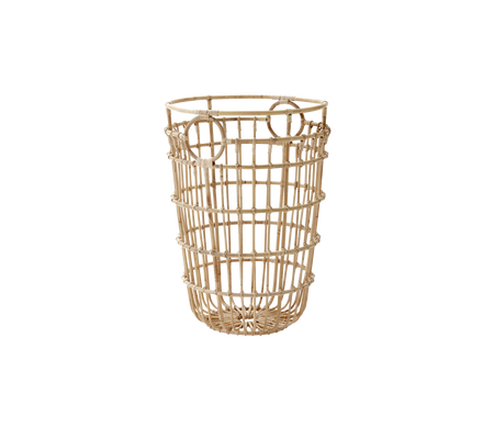 Een gevlochten opbergmand van natuurlijk materiaal met een cilindrische vorm en een rasterpatroon, met twee handvatten voor gemakkelijke draagbaarheid.