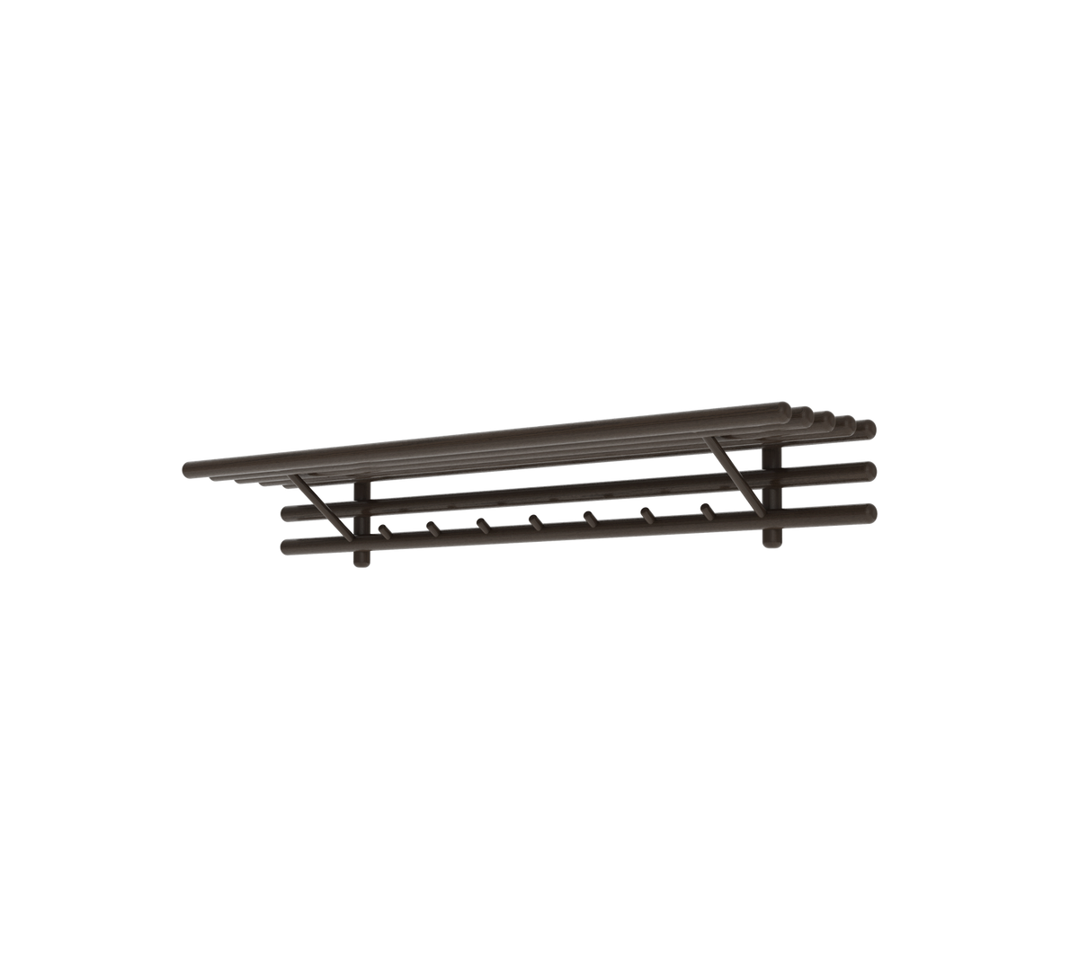 Een slank, donkerhouten wandplank met meerdere haken, perfect voor het stijlvol organiseren en presenteren van items.