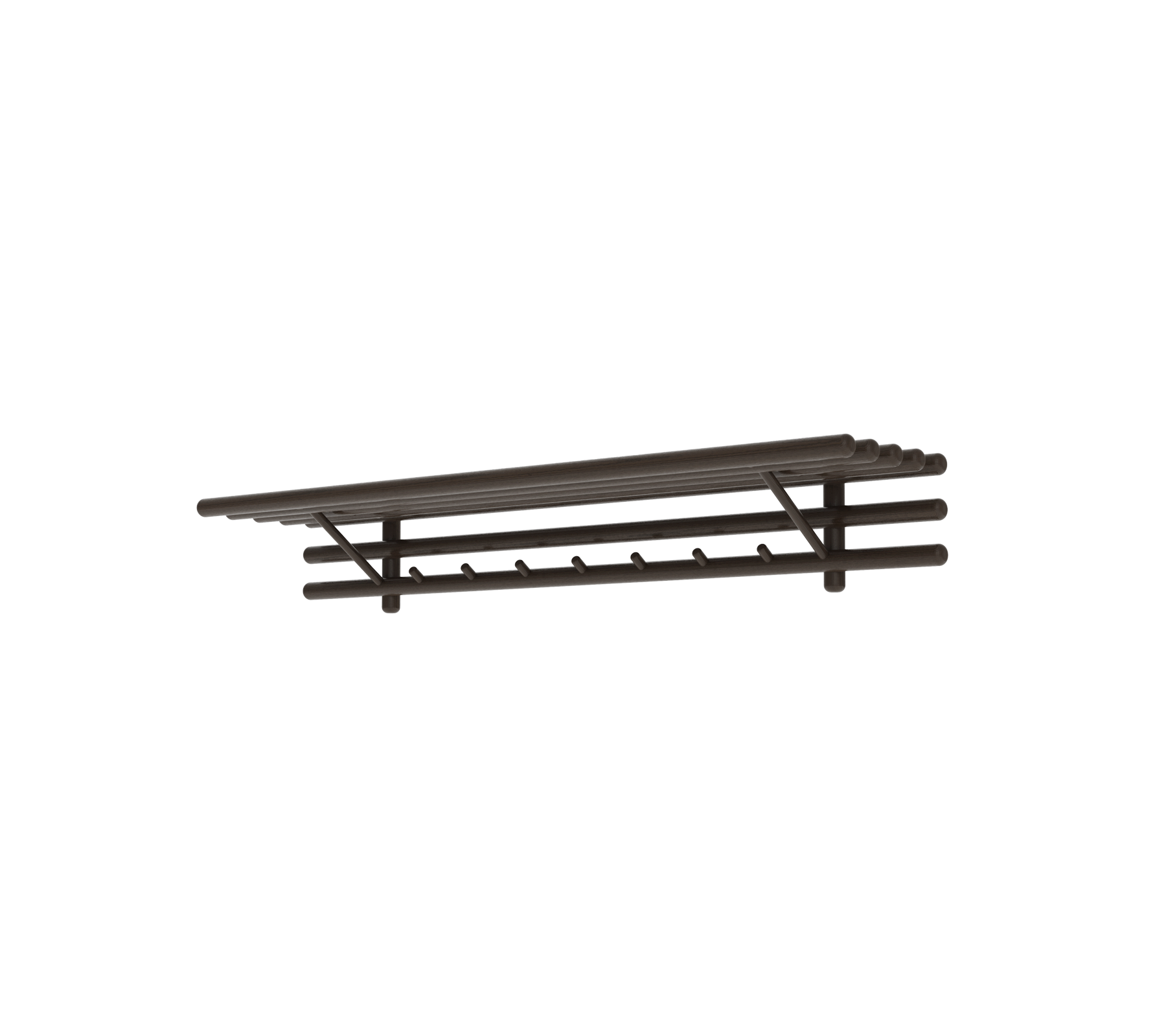 Een slank, donkerhouten wandplank met meerdere haken, perfect voor het stijlvol organiseren en presenteren van items.