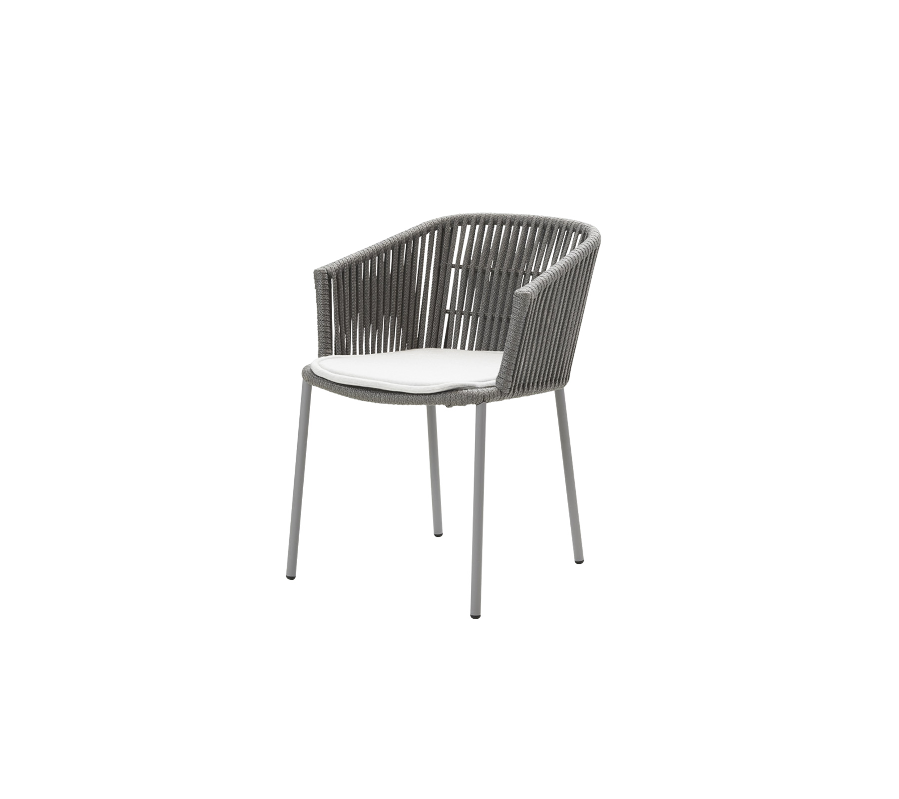 Stijlvolle grijze stoel met een gebogen rugleuning en een comfortabel wit kussen, ontworpen voor moderne ruimtes.