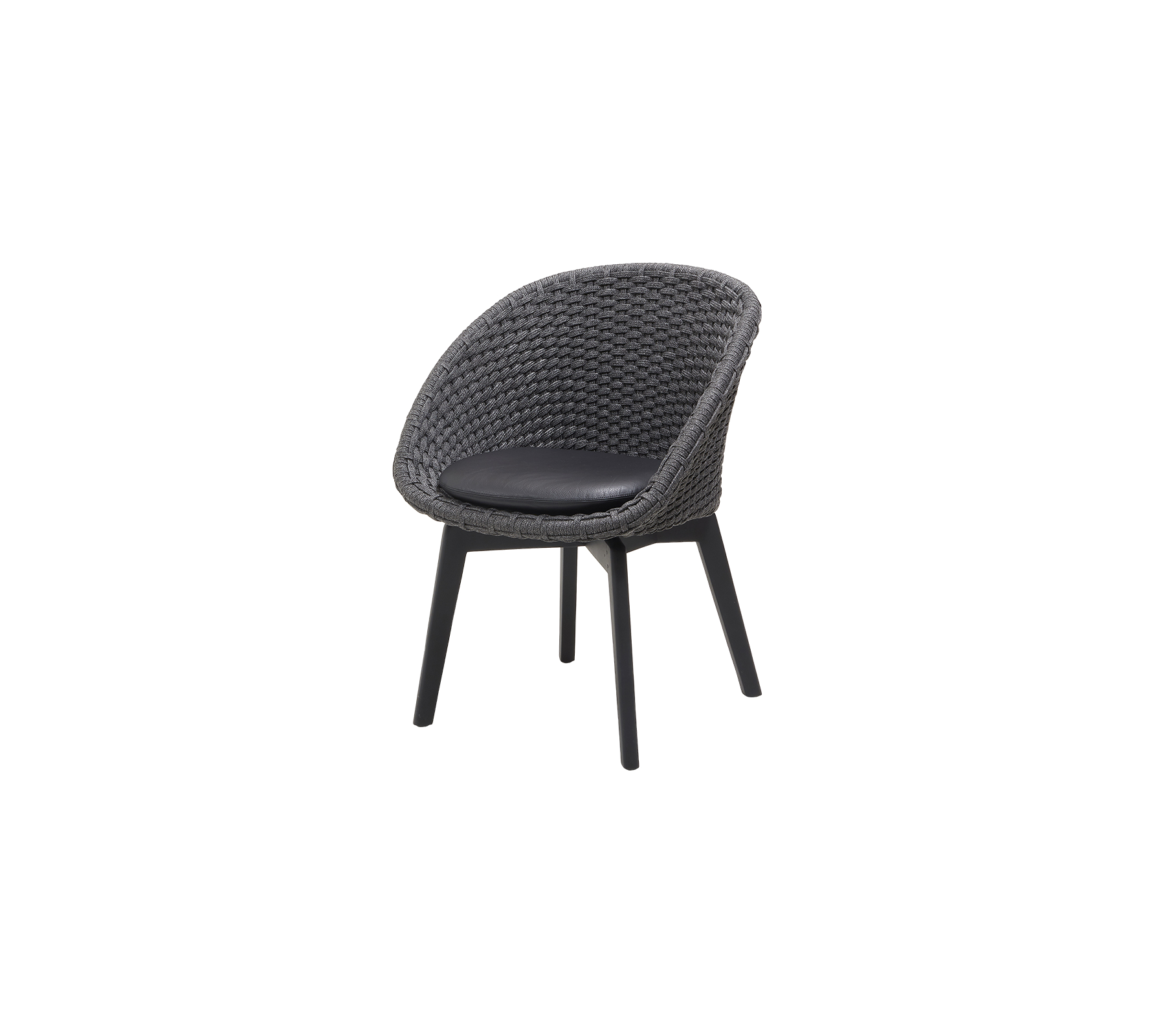 Stijlvolle stoel met een rond geweven zitting en een zwarte gewatteerde oppervlakte, ondersteund door slanke poten voor modern zitten.