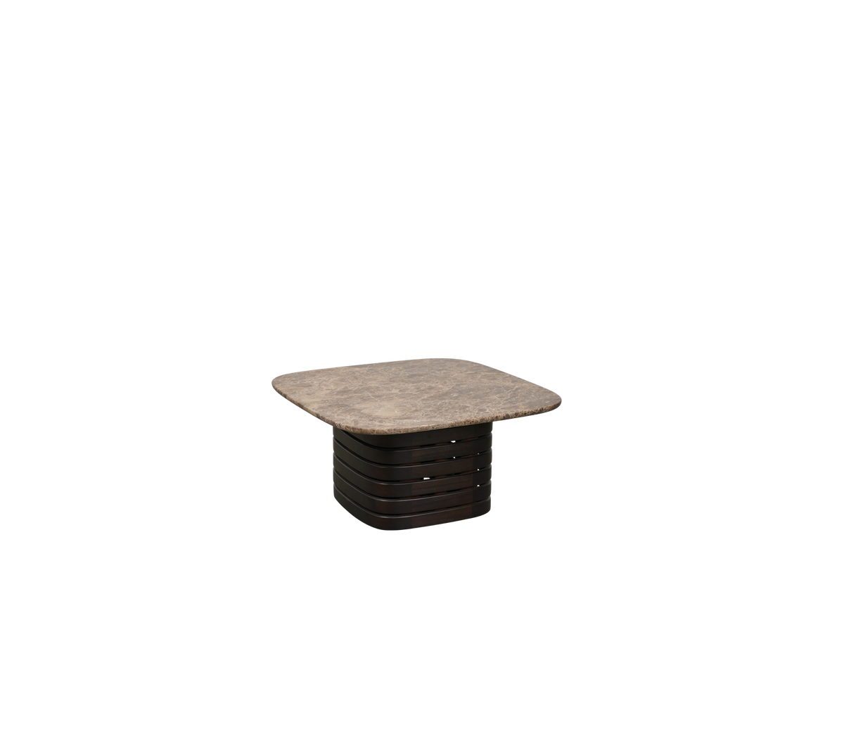 Vierkante donkerbruine tafel met een Emperador-oppervlak.