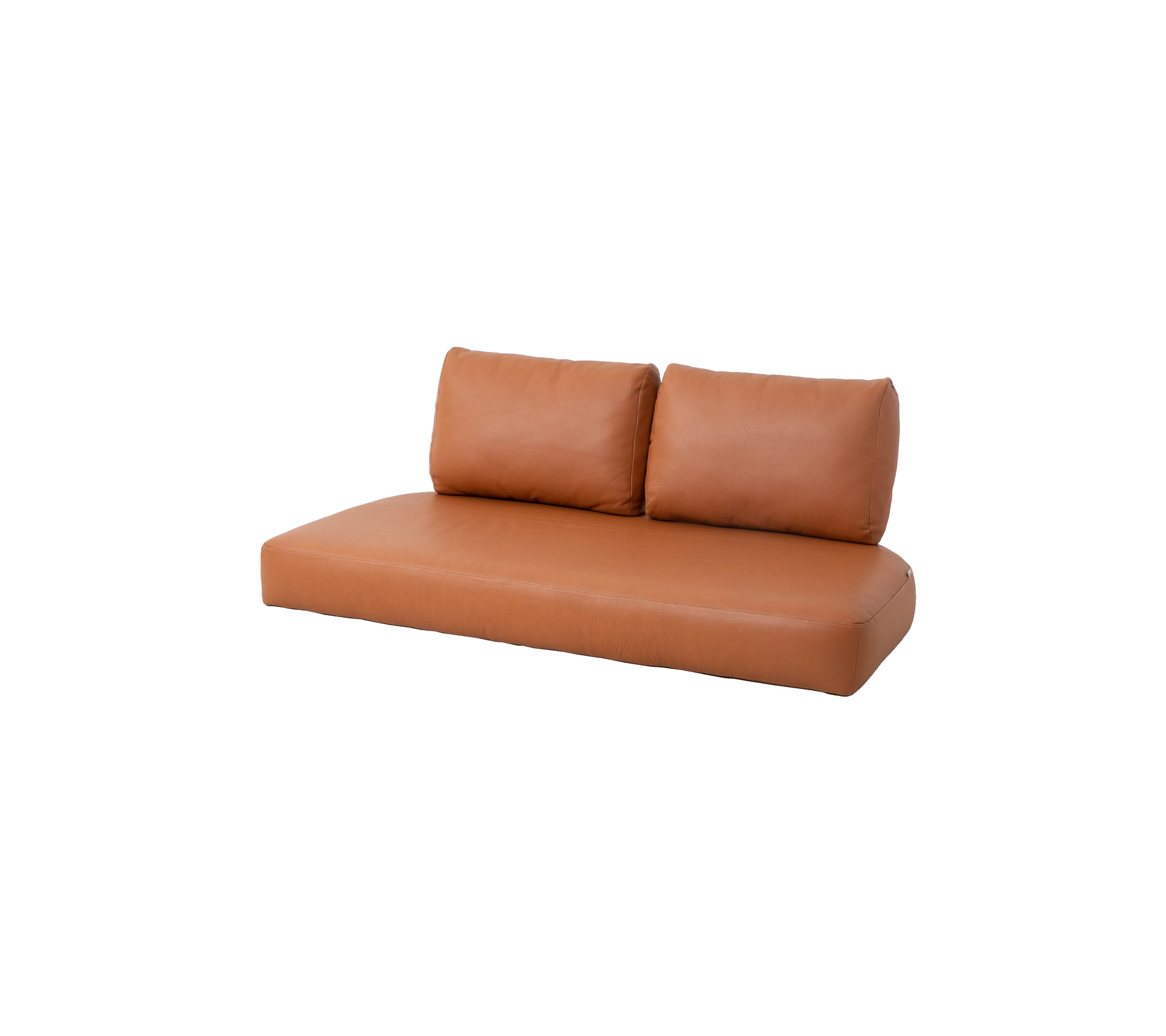 Bruine bank met twee rugkussens, met een slank en modern design. Perfect voor stijlvolle zitgelegenheid in elke ruimte.