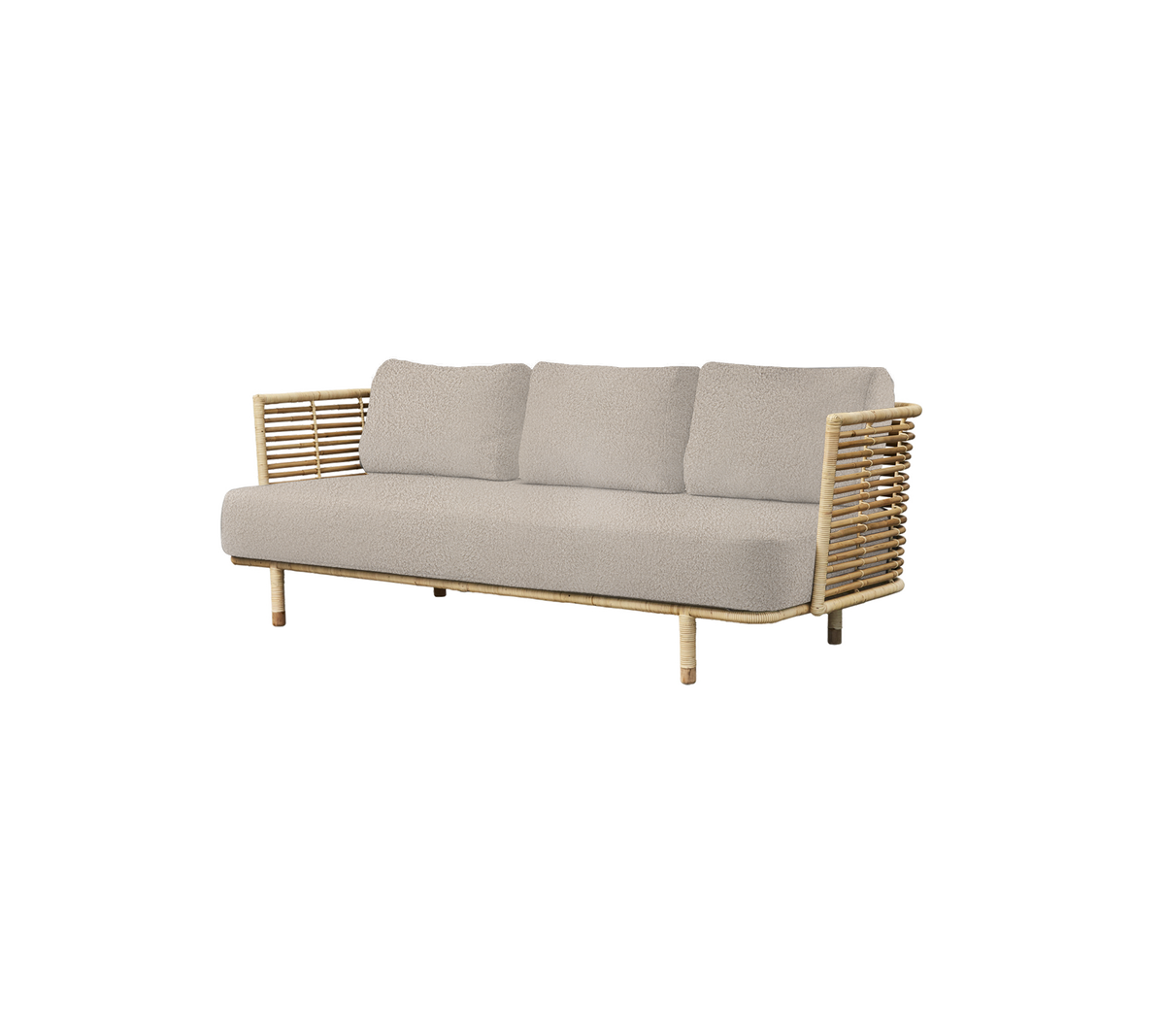 Stijlvolle bank met een lichtgrijs kussen, natuurlijke houten accenten en opvallende armleuningen, perfect voor moderne decoratie.