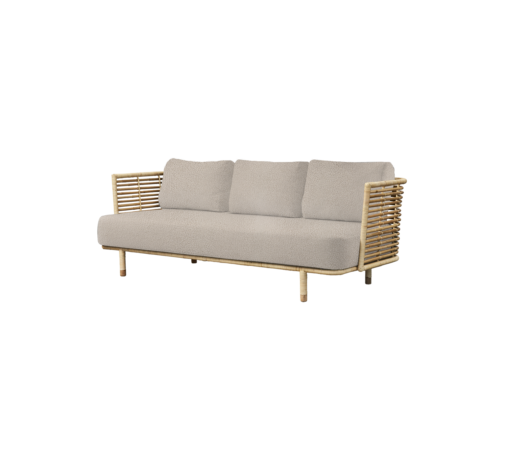 Stijlvolle bank met een lichtgrijs kussen, natuurlijke houten accenten en opvallende armleuningen, perfect voor moderne decoratie.