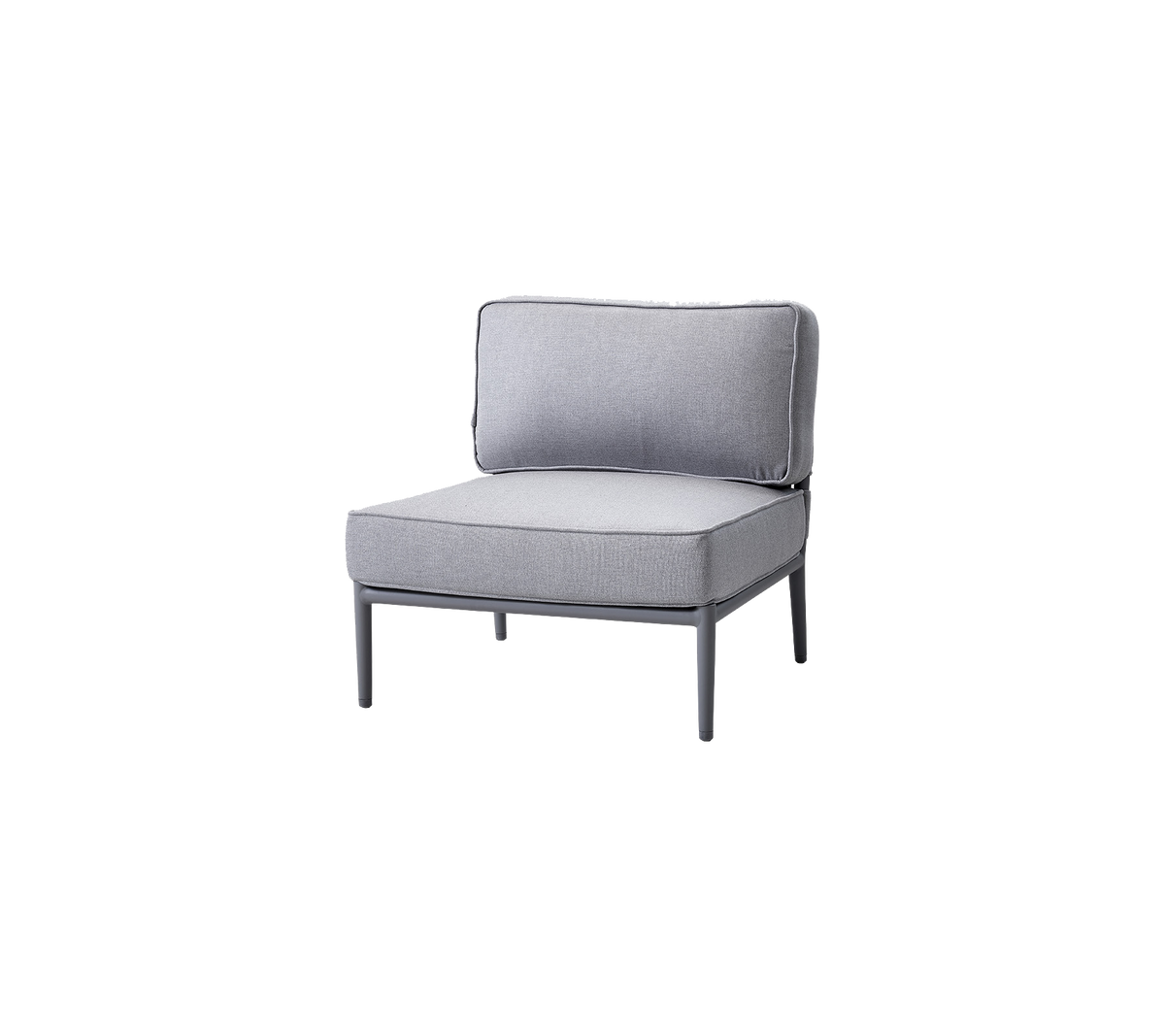 Stijlvolle grijze stoel met een eenvoudig design, met een gevoerde zitting en rugleuning voor comfort. Ideaal voor moderne zitarrangementen.