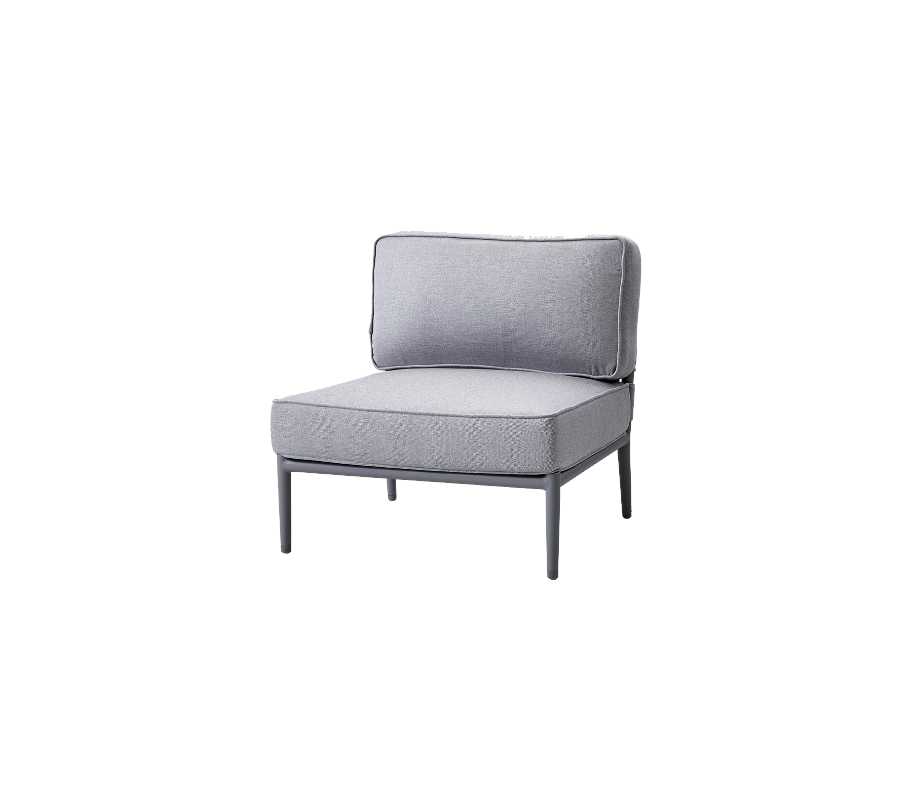 Stijlvolle grijze stoel met een eenvoudig design, met een gevoerde zitting en rugleuning voor comfort. Ideaal voor moderne zitarrangementen.