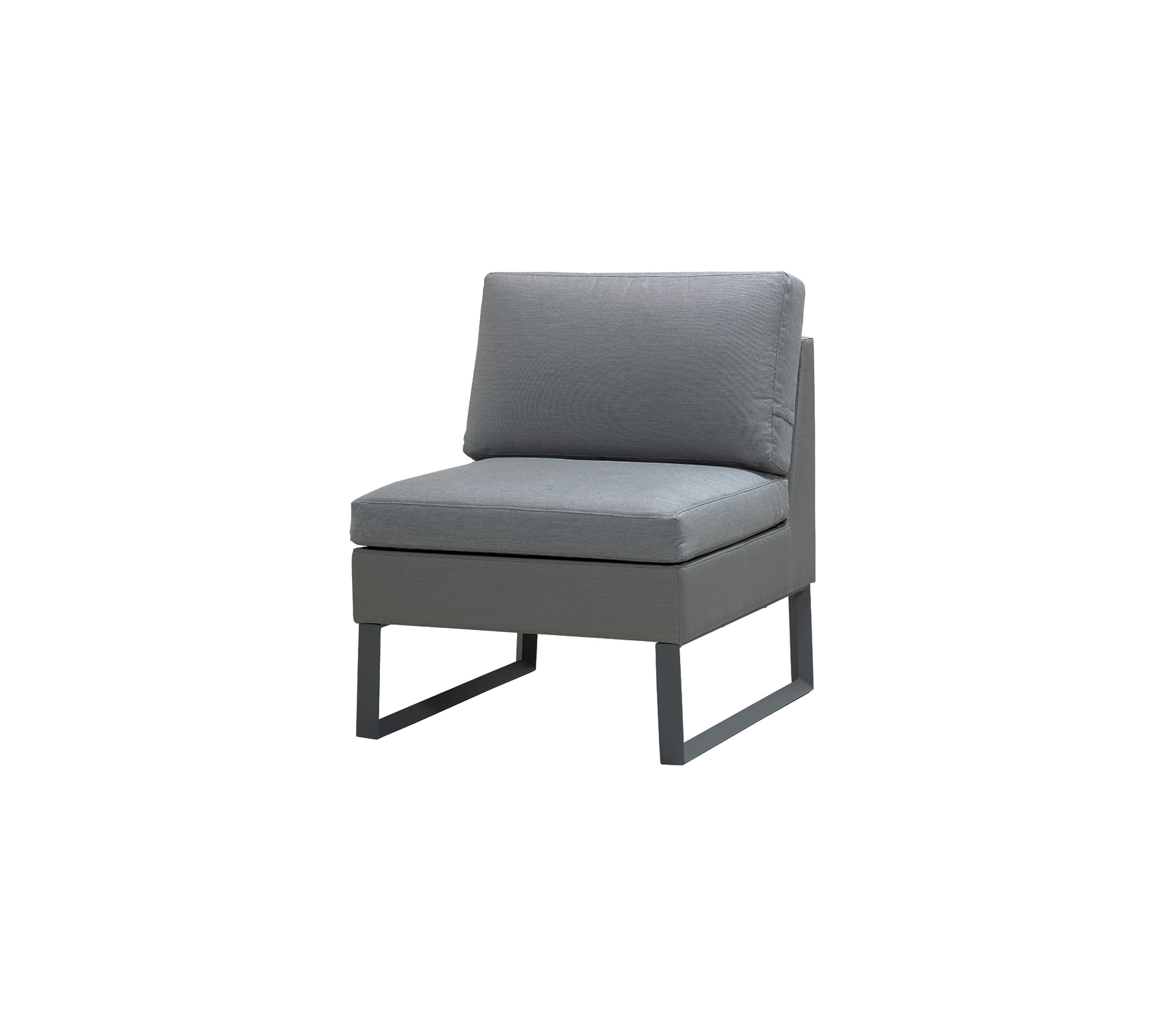 Stijlvolle grijze stoel met een modern ontwerp, voorzien van pluche kussens en een minimalistisch frame voor comfortabel zitten.
