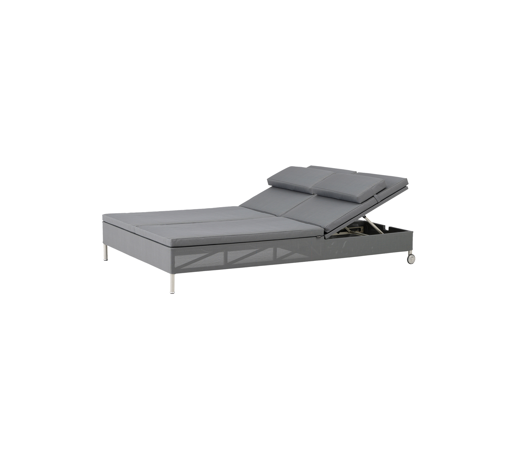 Verstelbaar bedframe met een slank grijs ontwerp, met twee verhoogde hoofddelen voor aangepaste comfort en ondersteuning.