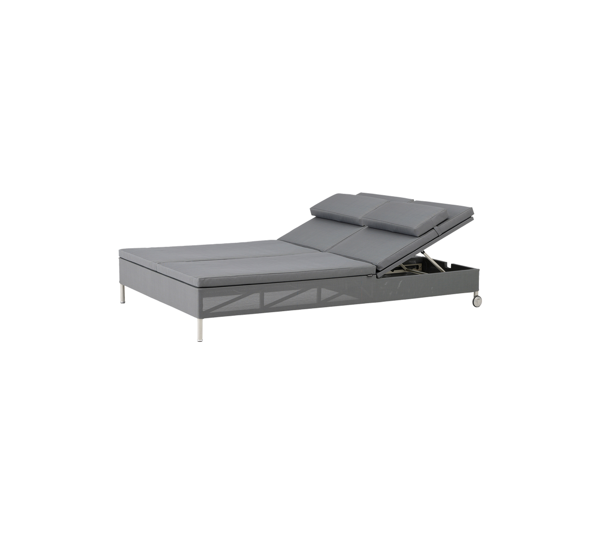 Verstelbaar bedframe met een slank grijs ontwerp, met twee verhoogde hoofddelen voor aangepaste comfort en ondersteuning.