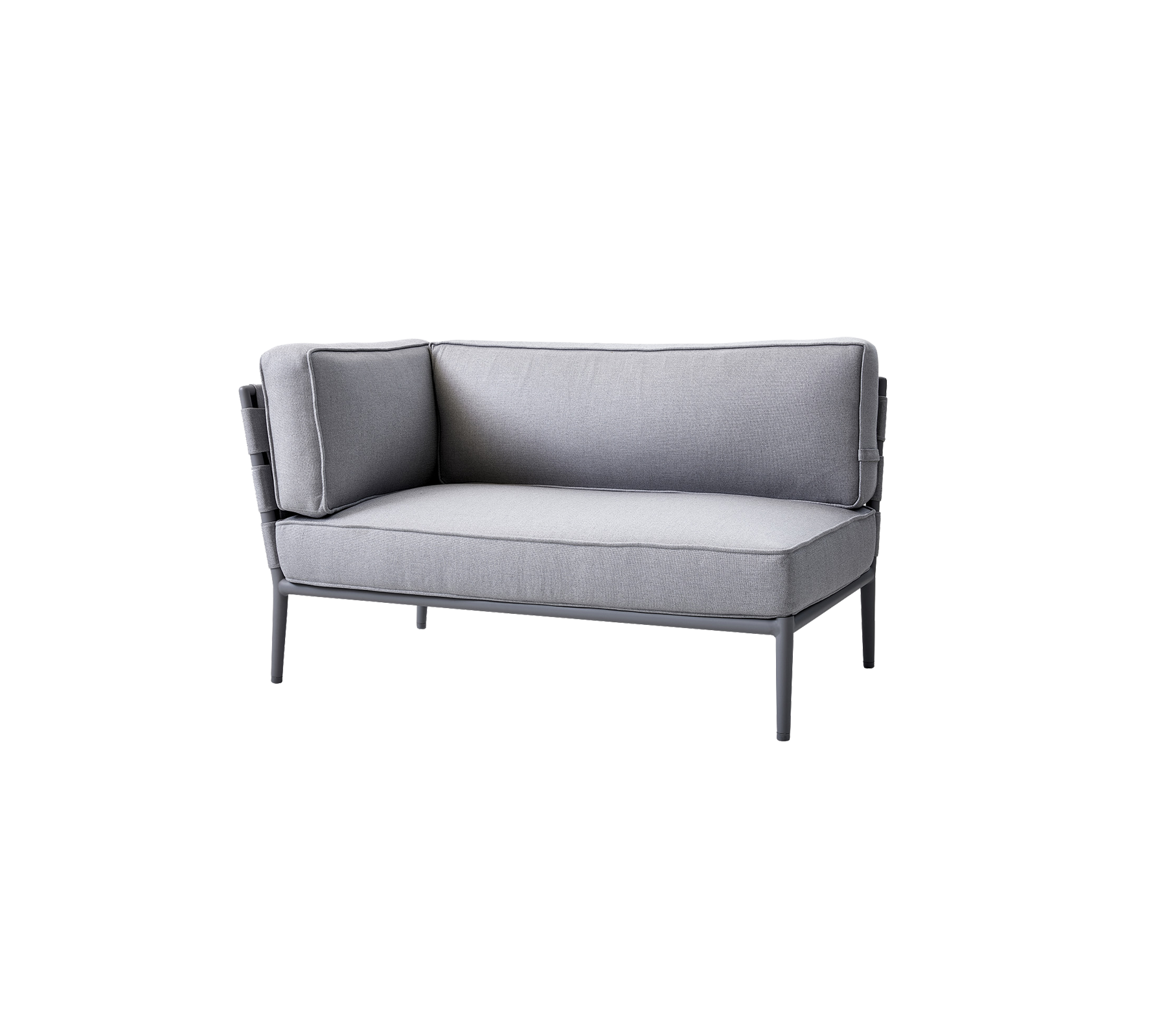 Grijze tweezitsbank met pluche kussens en een slank metalen frame, ontworpen voor comfort en moderne esthetiek.