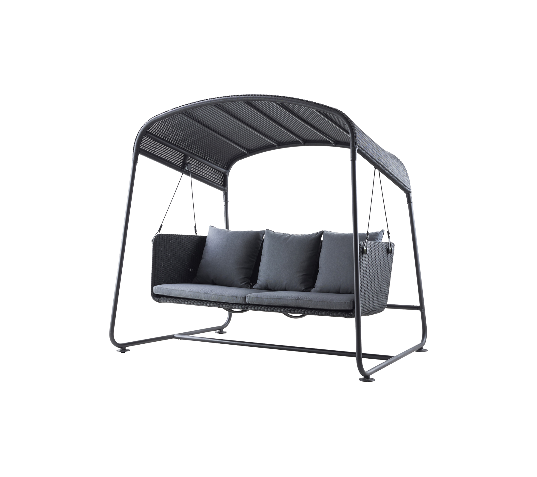 Stijlvolle schommelfauteuil met een gebogen luifel, voorzien van drie zachte zitplaatsen en een stevig frame, perfect voor ontspanning en comfort.