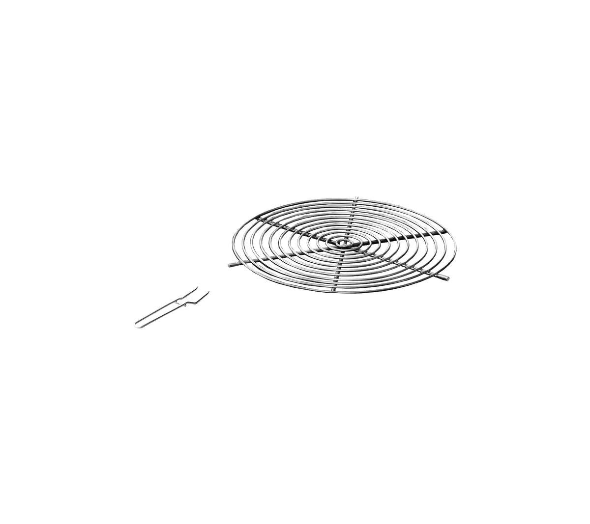 Metalen koelrek met een spiraalontwerp en een paar hefhandvatten voor gemakkelijke verwijdering. Ideaal voor het afkoelen van gebakken goederen.