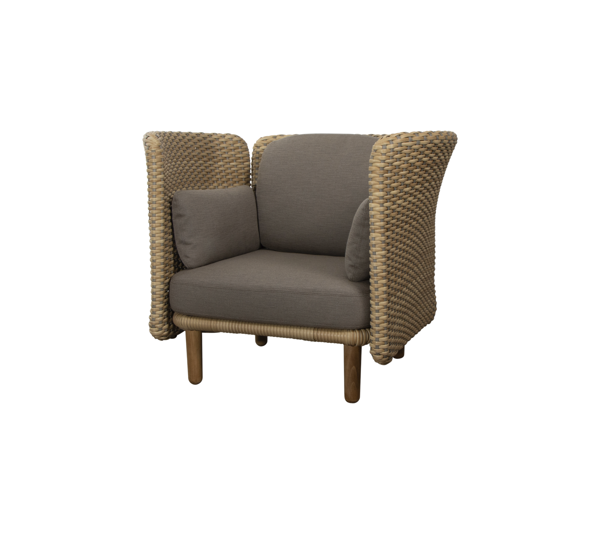 Stijlvolle fauteuil met geweven zijkanten en een pluche zittingkussen, perfect voor comfort en moderne designesthetiek.