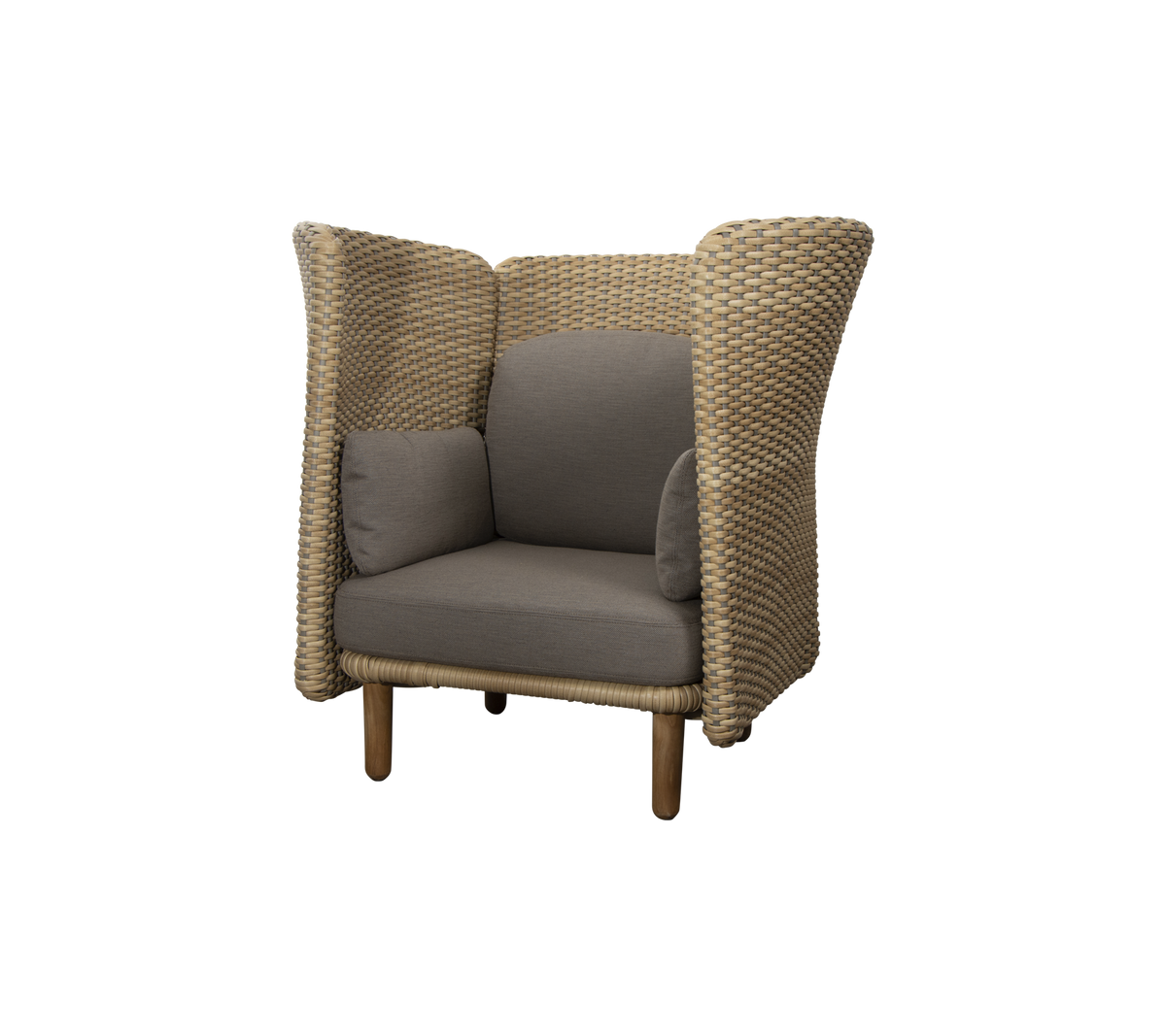 Stijlvolle fauteuil met een geweven ontwerp en zachte grijze kussens, met hoge zijden voor extra comfort en privacy.