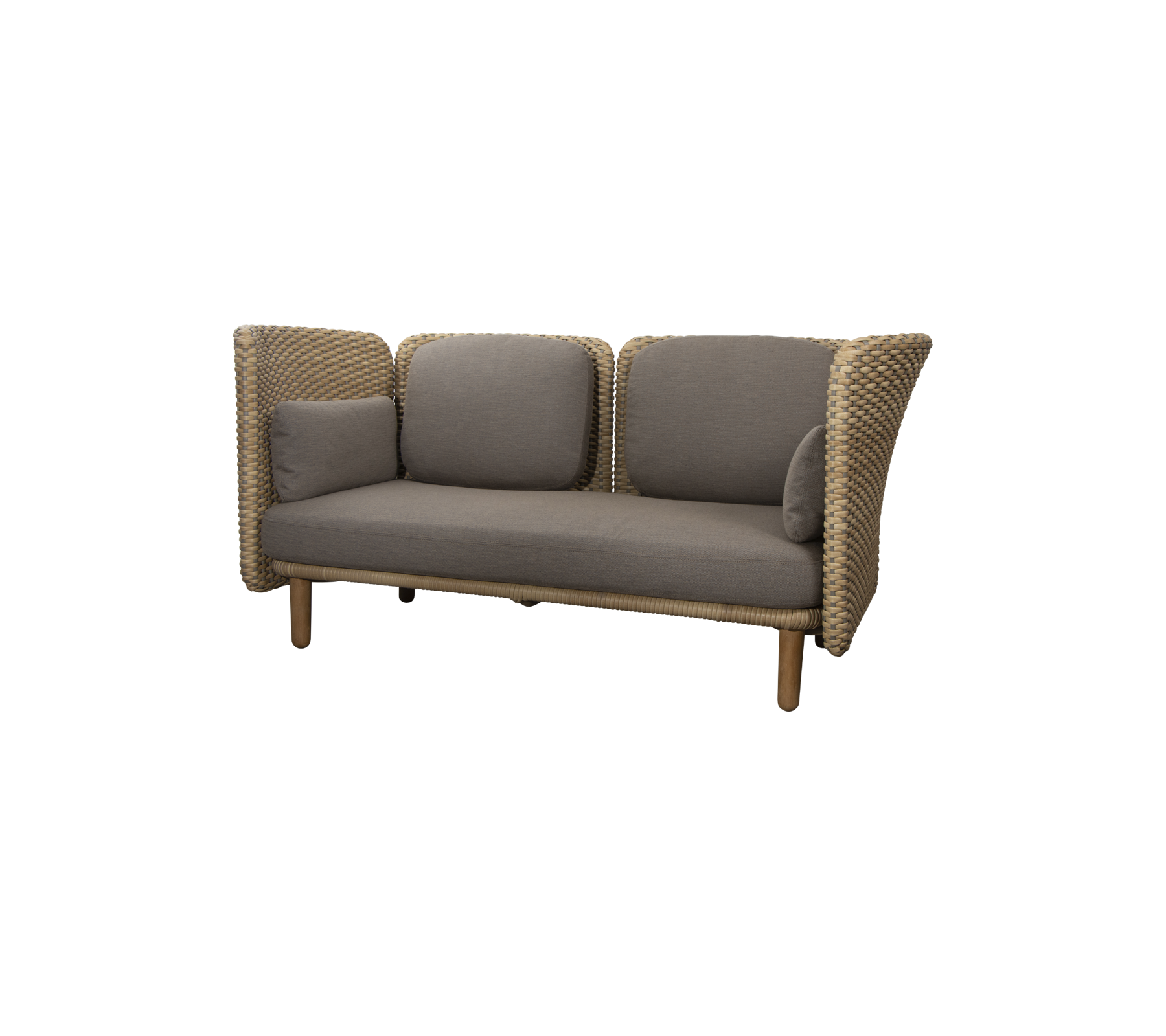 Comfortabele sofa met een geweven ontwerp, voorzien van zachte grijze kussens en ondersteunende zijpanelen. Ideaal voor moderne zitruimtes.