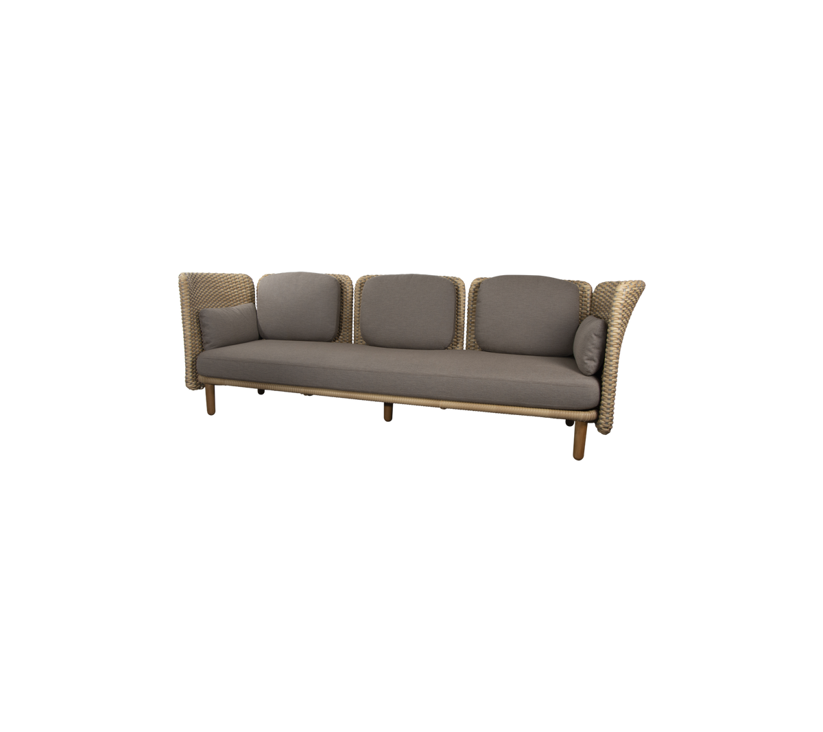 Een stijlvolle, vierzitsbank met een geweven ontwerp en zachte, neutraalgekleurde kussens voor comfort en elegantie.