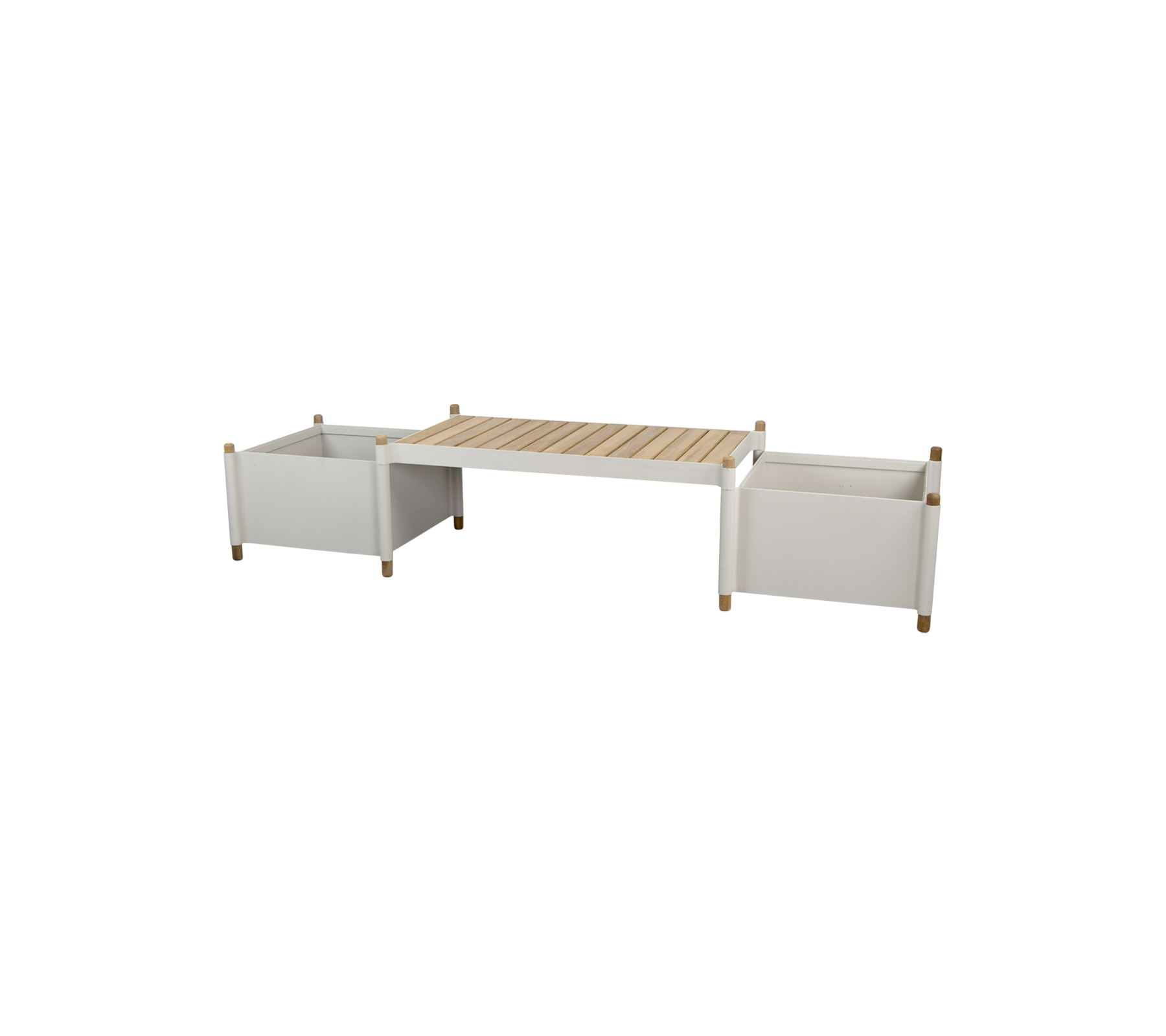 een moderne opbergtafel met twee witte containers en een houten lattenblad, ontworpen voor veelzijdige thuisorganisatie.