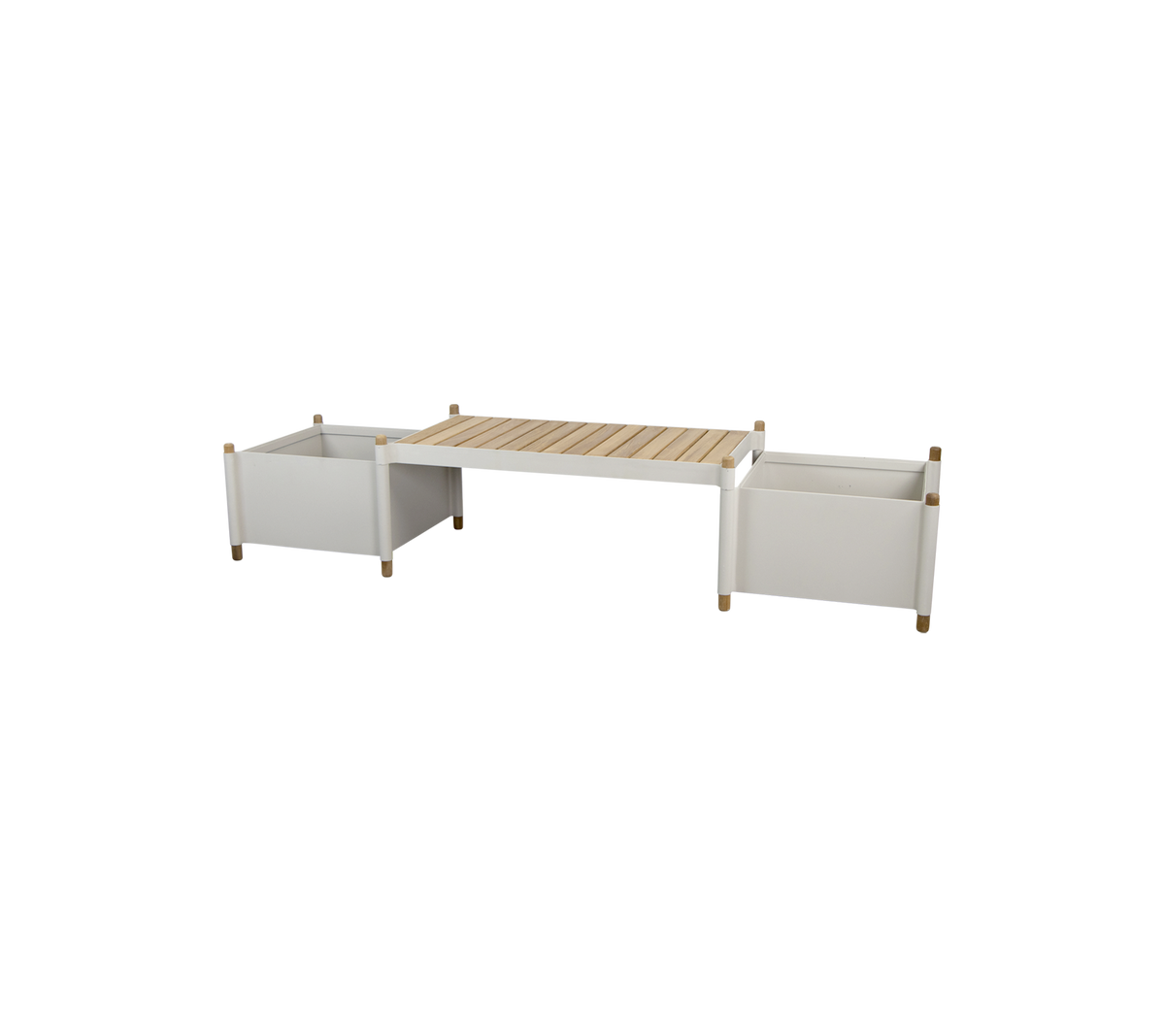 een moderne opbergtafel met twee witte containers en een houten lattenblad, ontworpen voor veelzijdige thuisorganisatie.