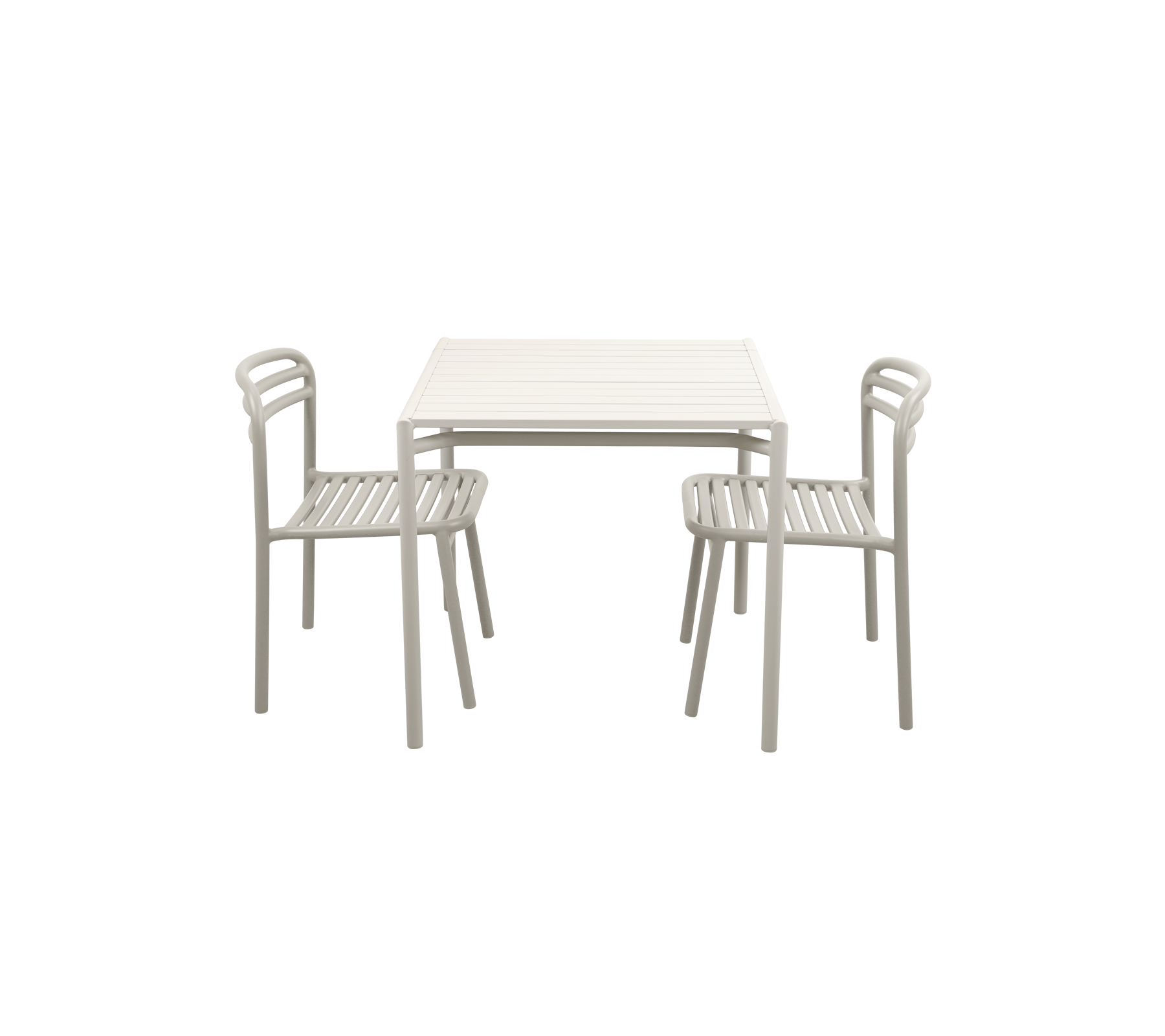 Minimalistische tafel met twee bijpassende stoelen, met een eenvoudig ontwerp en een lichtgekleurde afwerking.