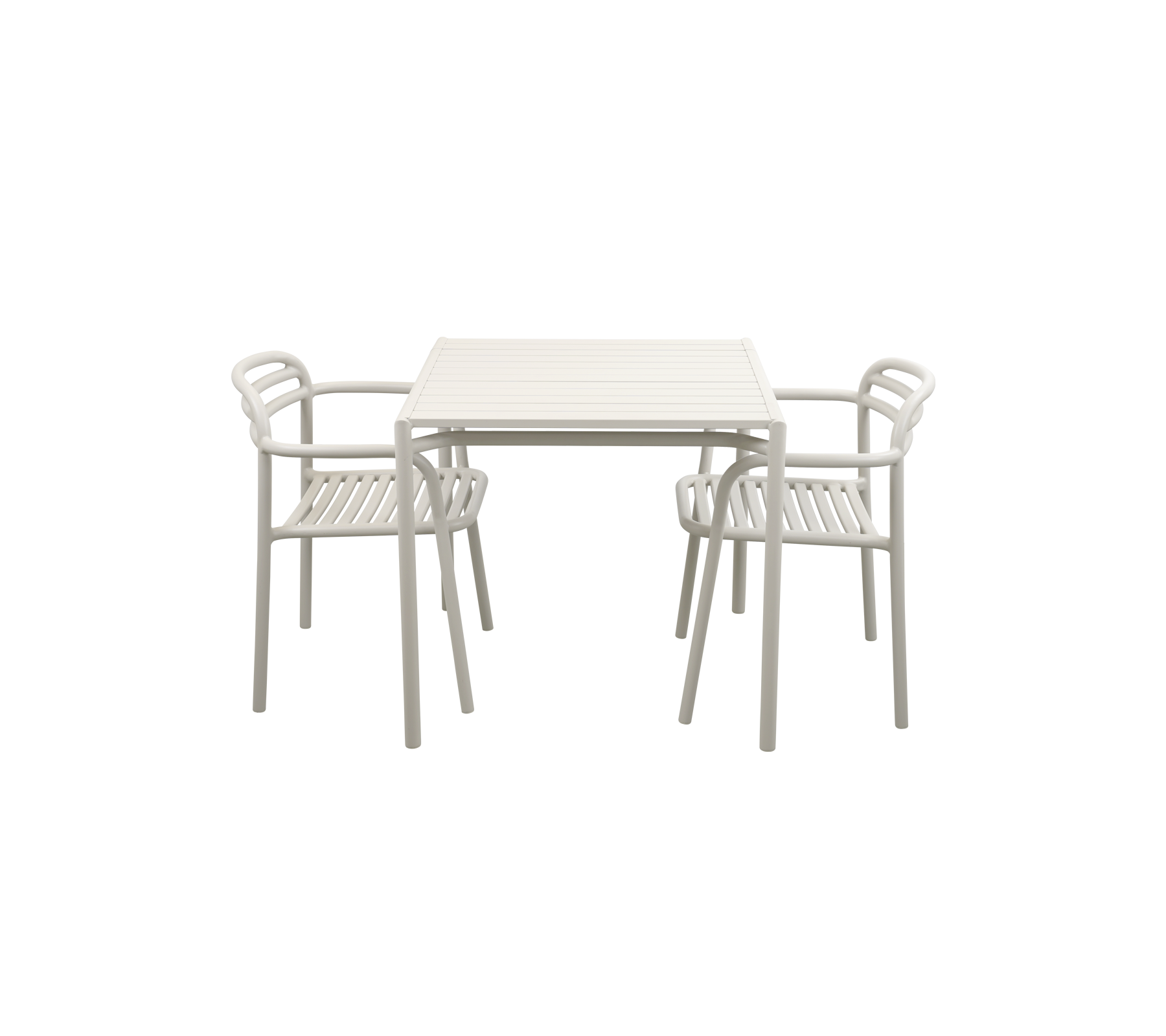 Een lichtgekleurde tafel met twee bijpassende stoelen, met een strak design dat geschikt is voor informeel dineren of samenkomsten.