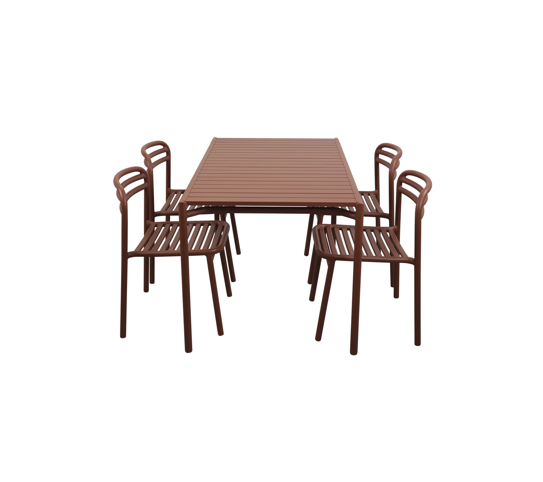 Rechthoekige tafel met zes bijpassende stoelen, allemaal met een slank bruin ontwerp en geribbelde oppervlakken. Ideaal voor dineren of bijeenkomsten.