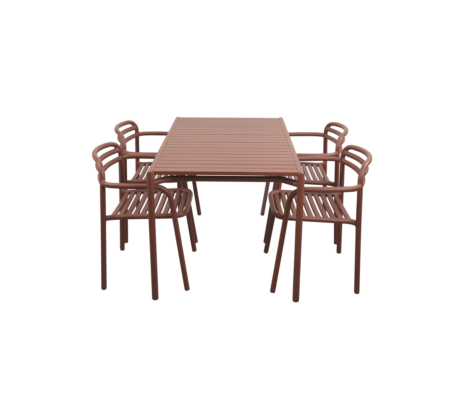 Bruine rechthoekige eettafel omringd door zes bijpassende stoelen met lattenontwerp voor een moderne esthetiek.