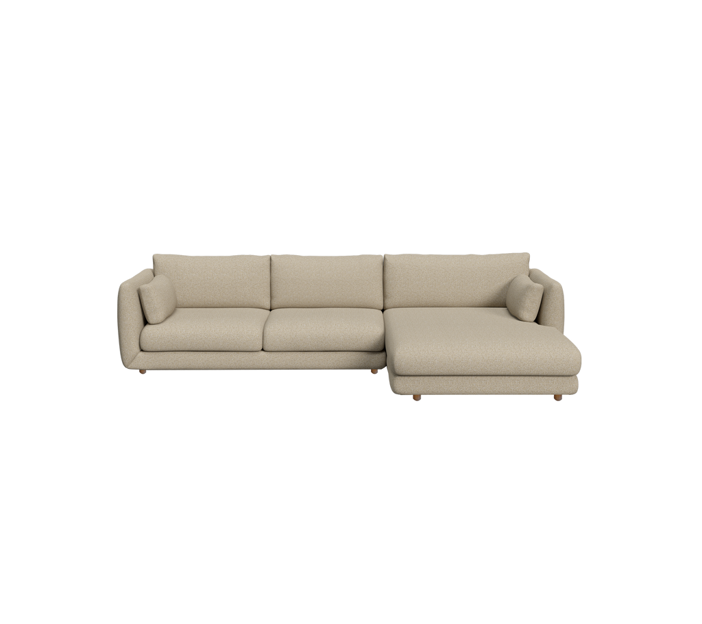 Moderne beige bank met een sectioneel ontwerp.