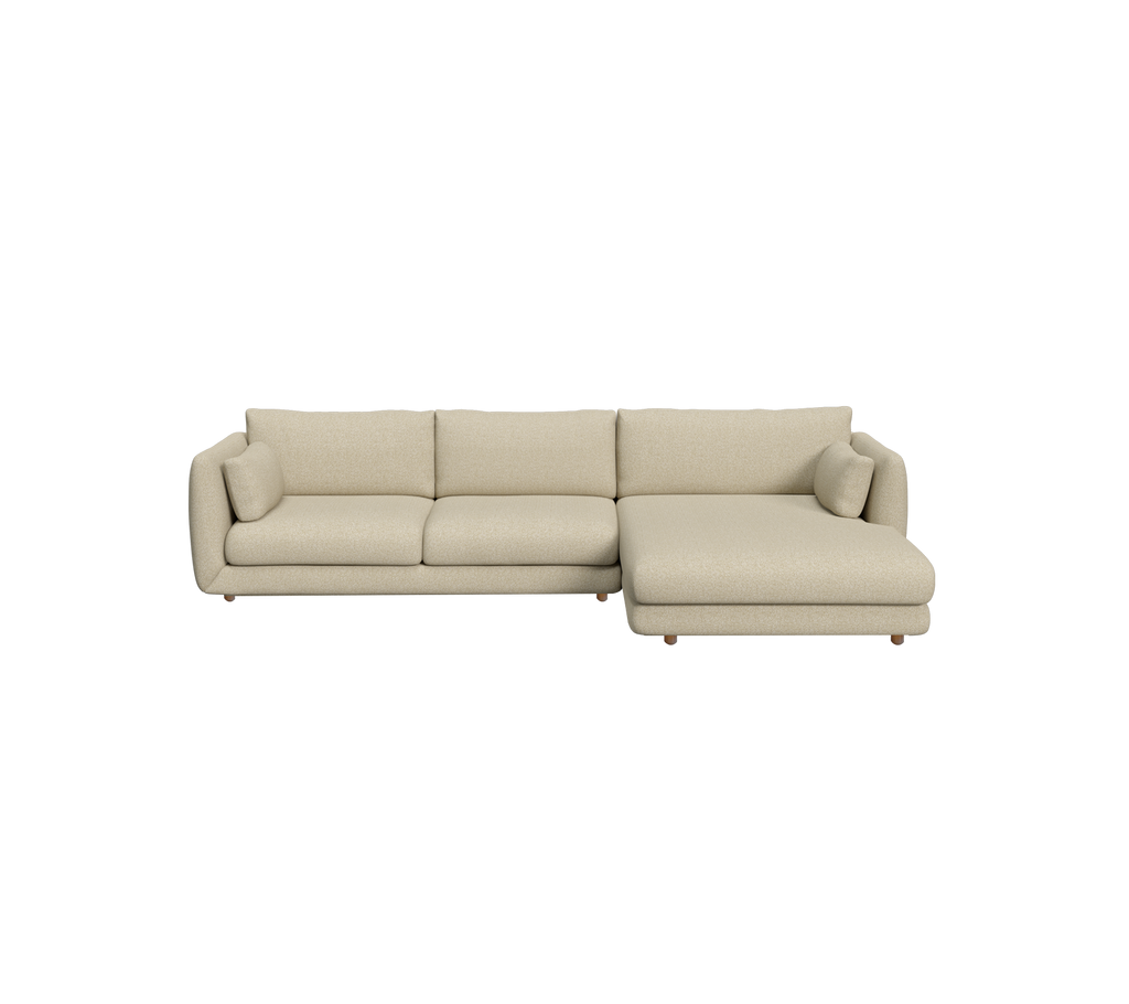 Lichtbruin moderne sofa met een chaise longue-ontwerp.