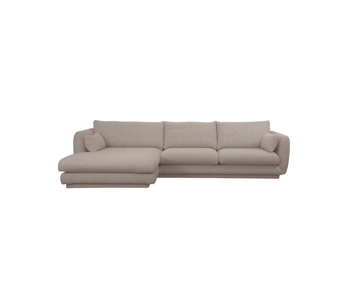 Lichtbruin modern sofa met een chaiselong-configuratie.