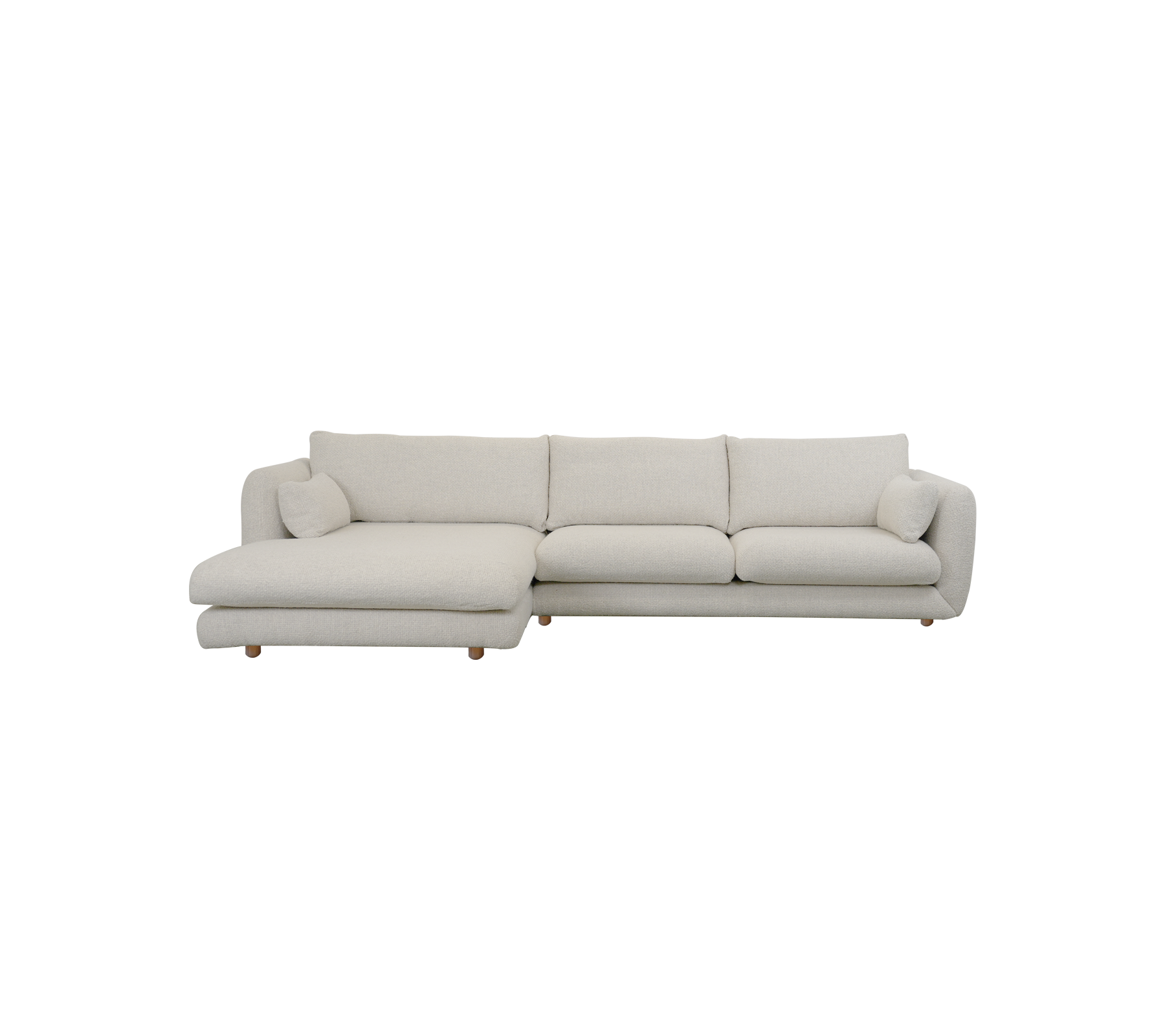 Moderne zandkleurige sofa met chaiselongontwerp.