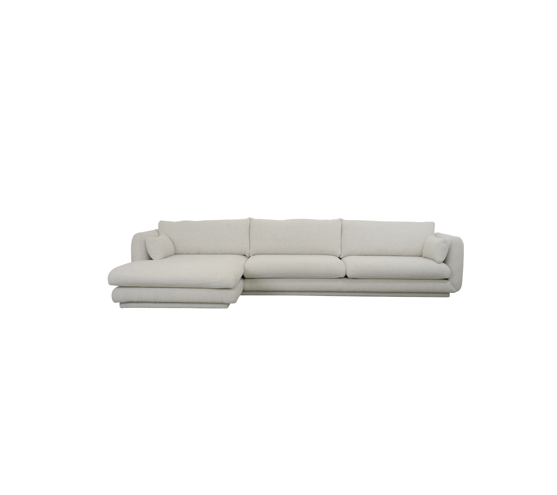 Moderne zandkleurige sofa met sectioneel ontwerp en zachte kussens.